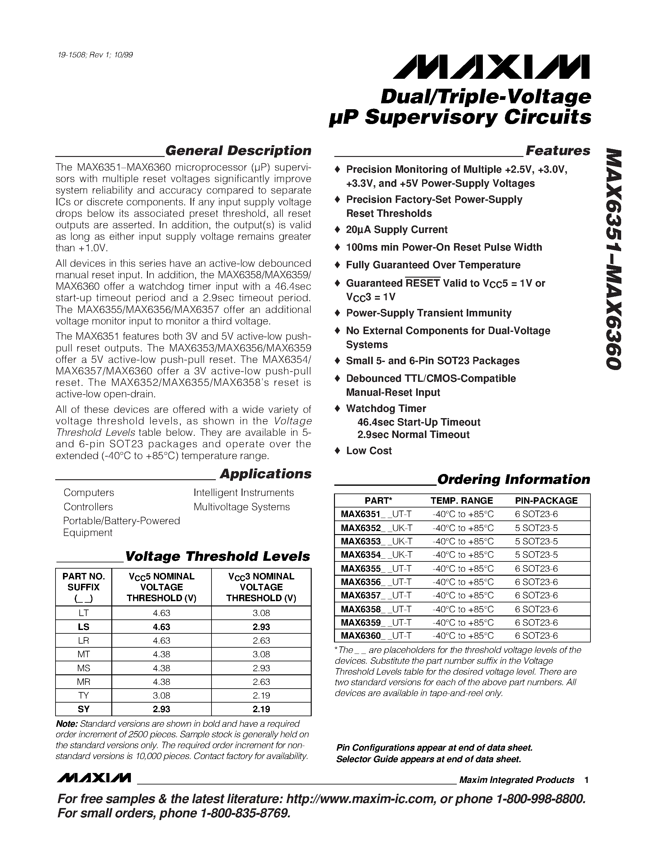 Даташит MAX6359 - Dual/Triple-Voltage P Supervisory Circuits страница 1