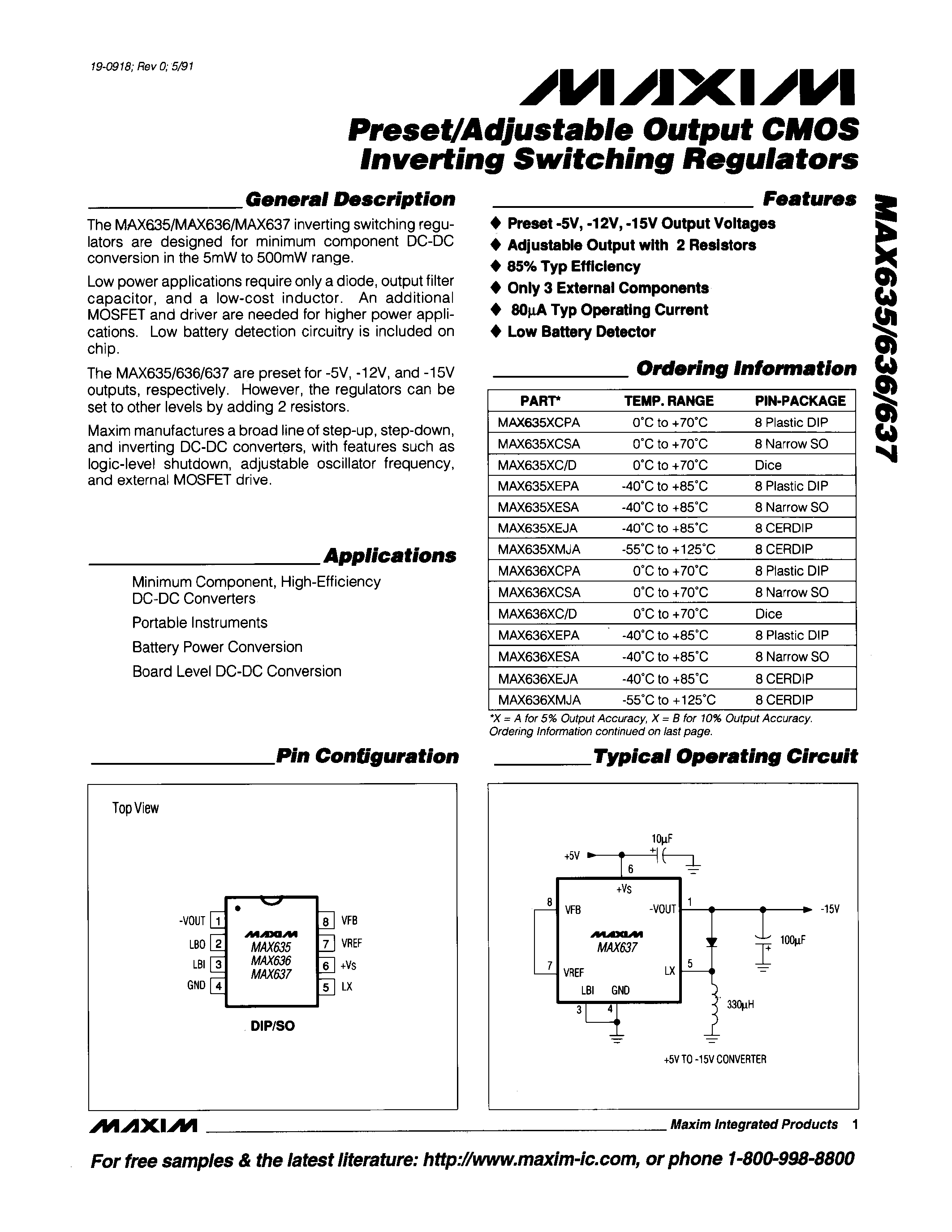 Datasheet MAX636 - Preset/Adjustable Output CMOS Inverting Switching Regulators page 1