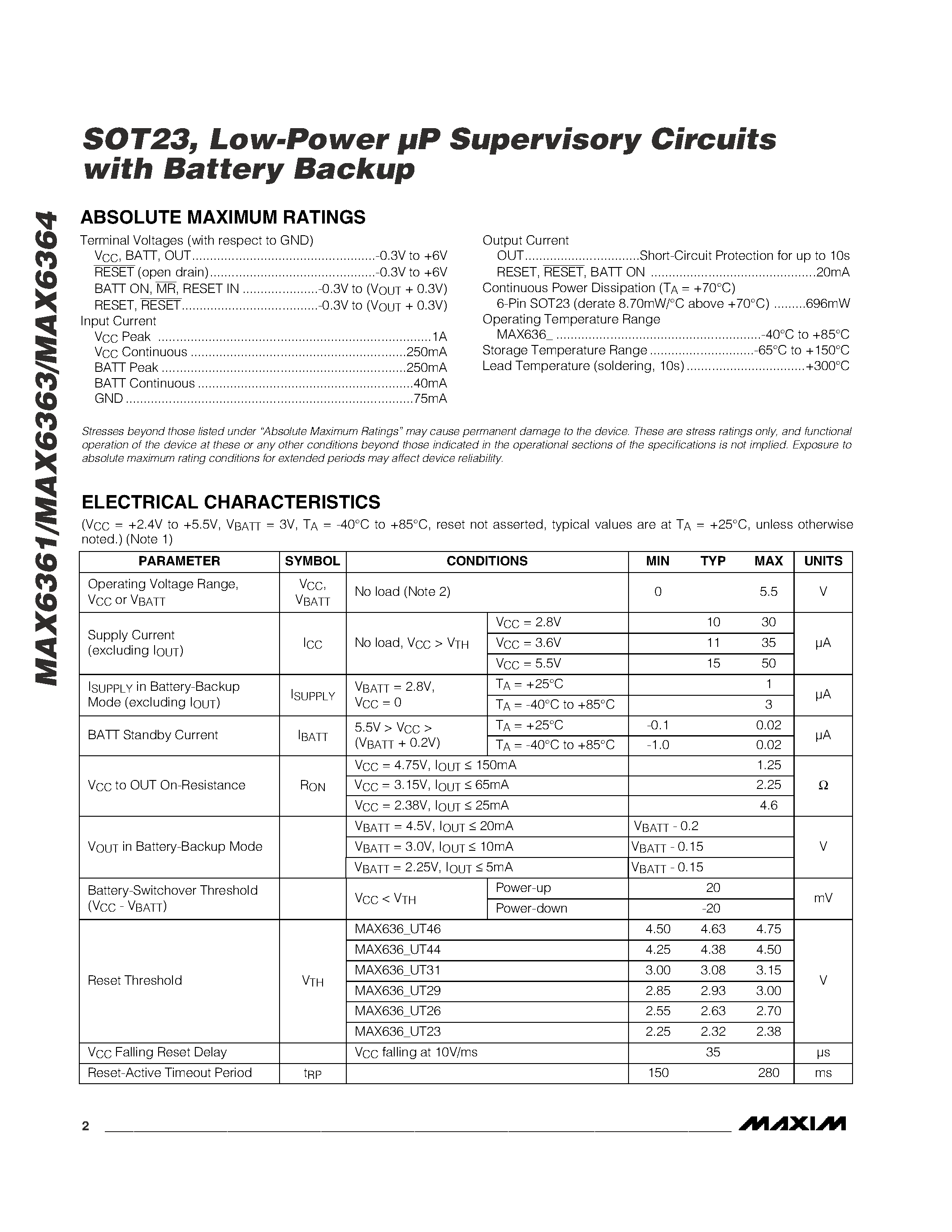 Даташит MAX6363 - SOT23 / Low-Power P Supervisory Circuits with Battery Backup страница 2