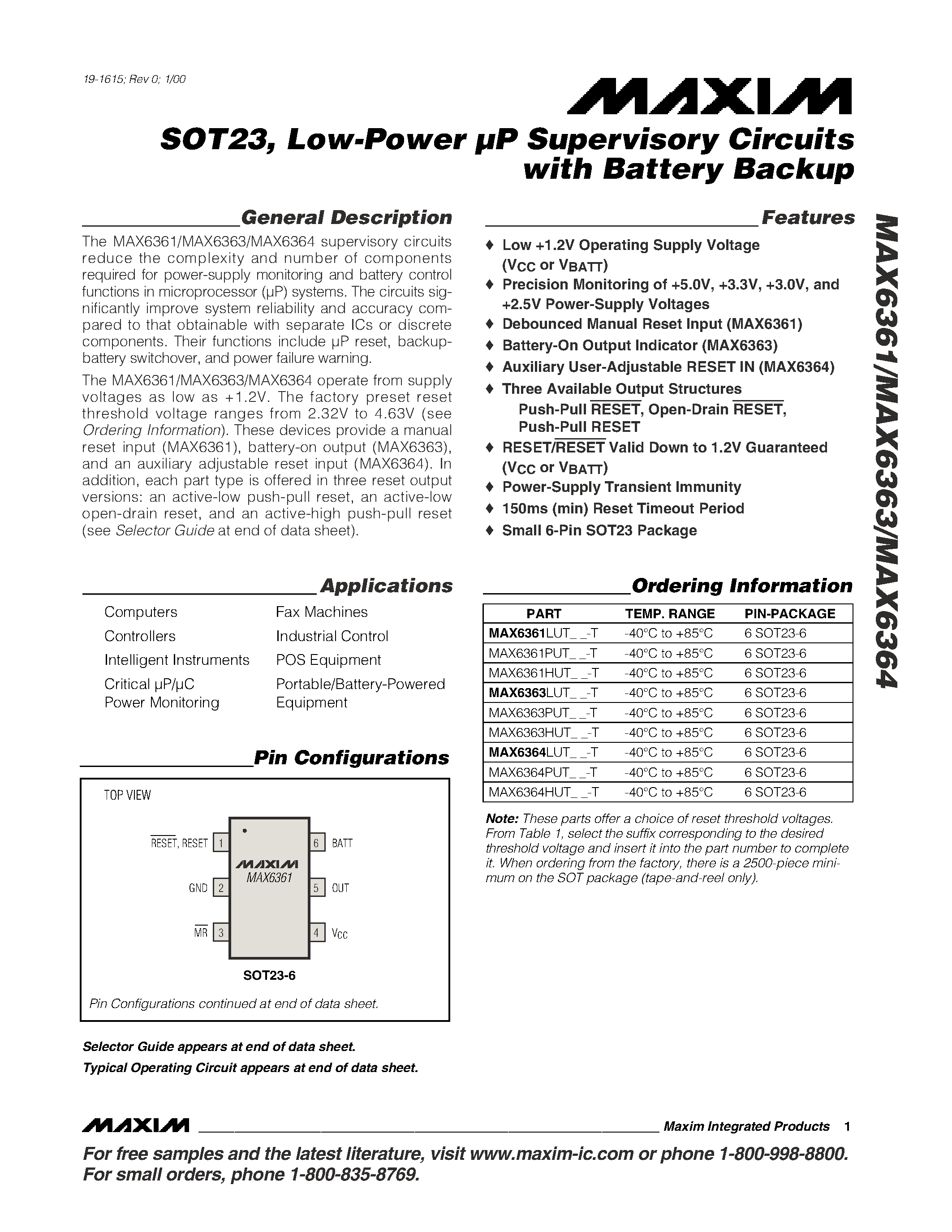 Даташит MAX6364 - SOT23 / Low-Power P Supervisory Circuits with Battery Backup страница 1