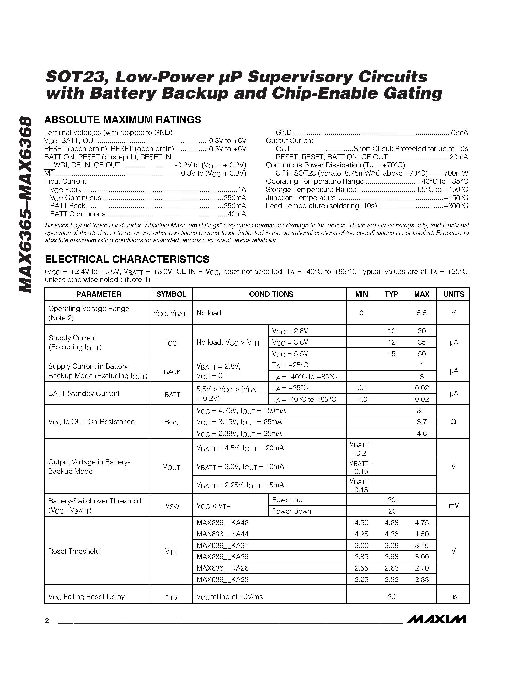 Даташит MAX6366 - SOT23 / Low-Power P Supervisory Circuits with Battery Backup and Chip-Enable Gating страница 2