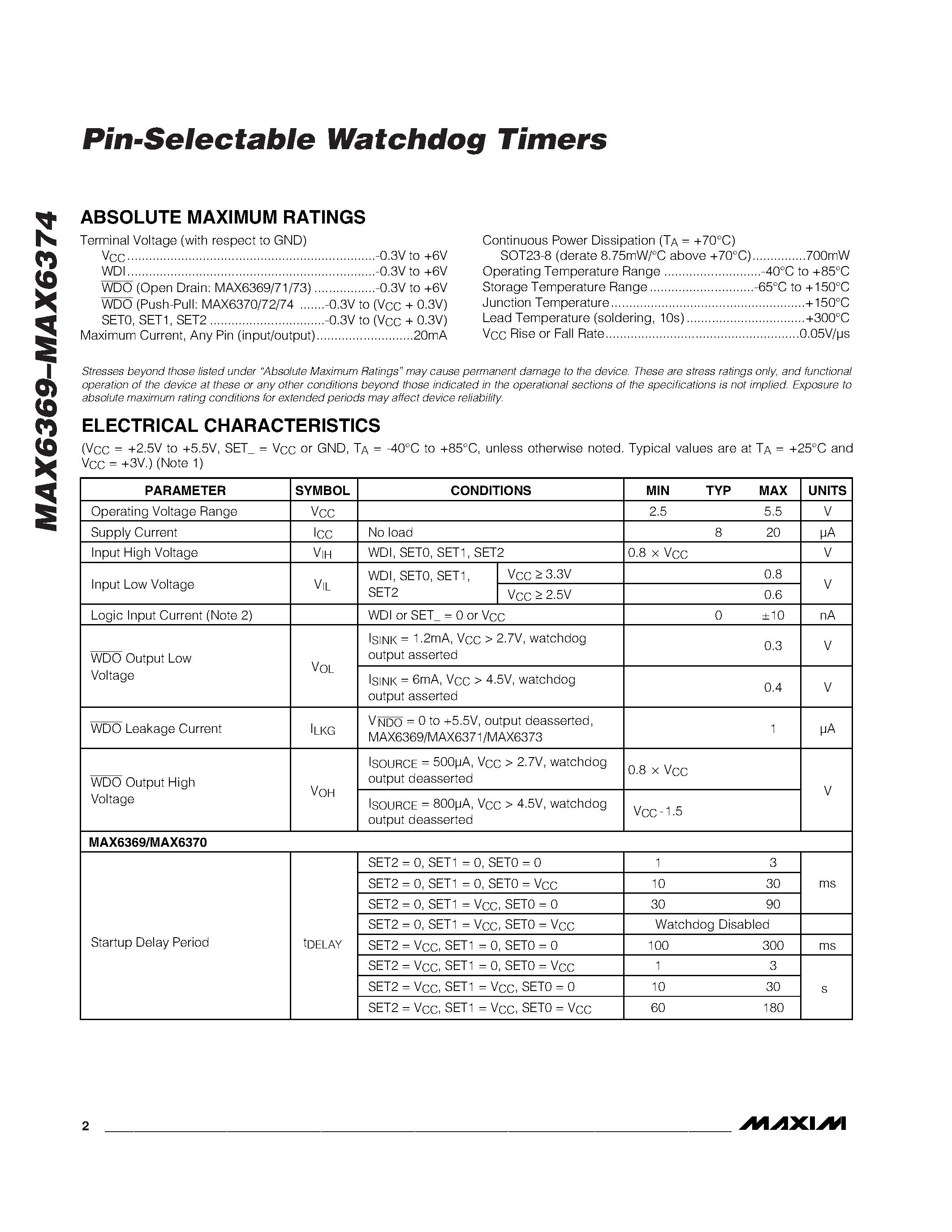 Datasheet MAX6370KA-T - Pin-Selectable Watchdog Timers page 2