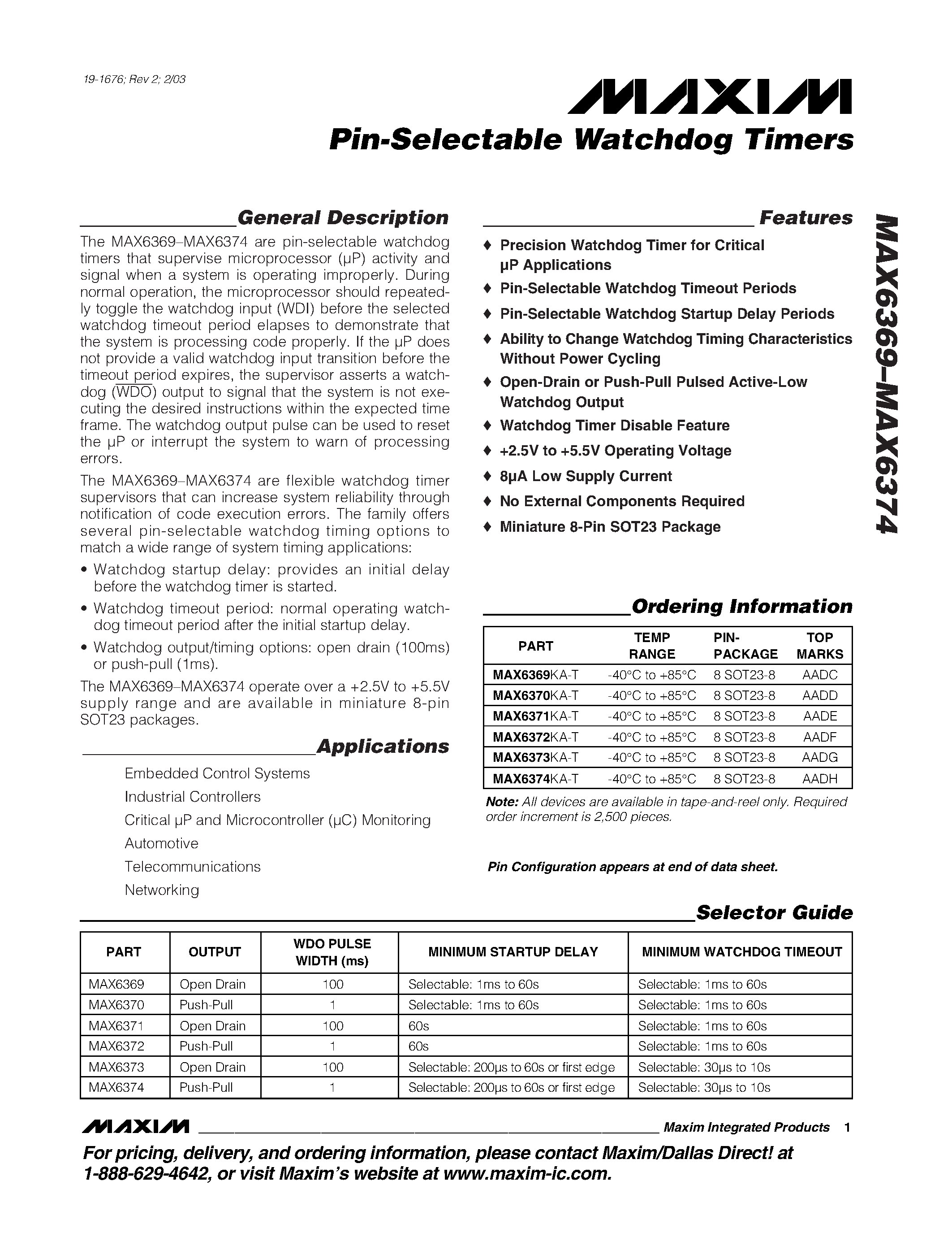 Datasheet MAX6373KA-T - Pin-Selectable Watchdog Timers page 1