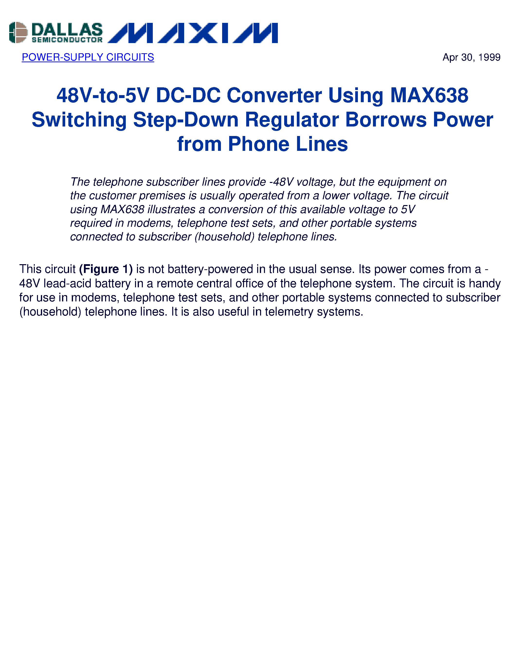 Datasheet MAX638 - 48V-to-5V DC-DC Converter Using MAX638 Switching Step-Down Regulator Borrows Power from Phone Lines page 1