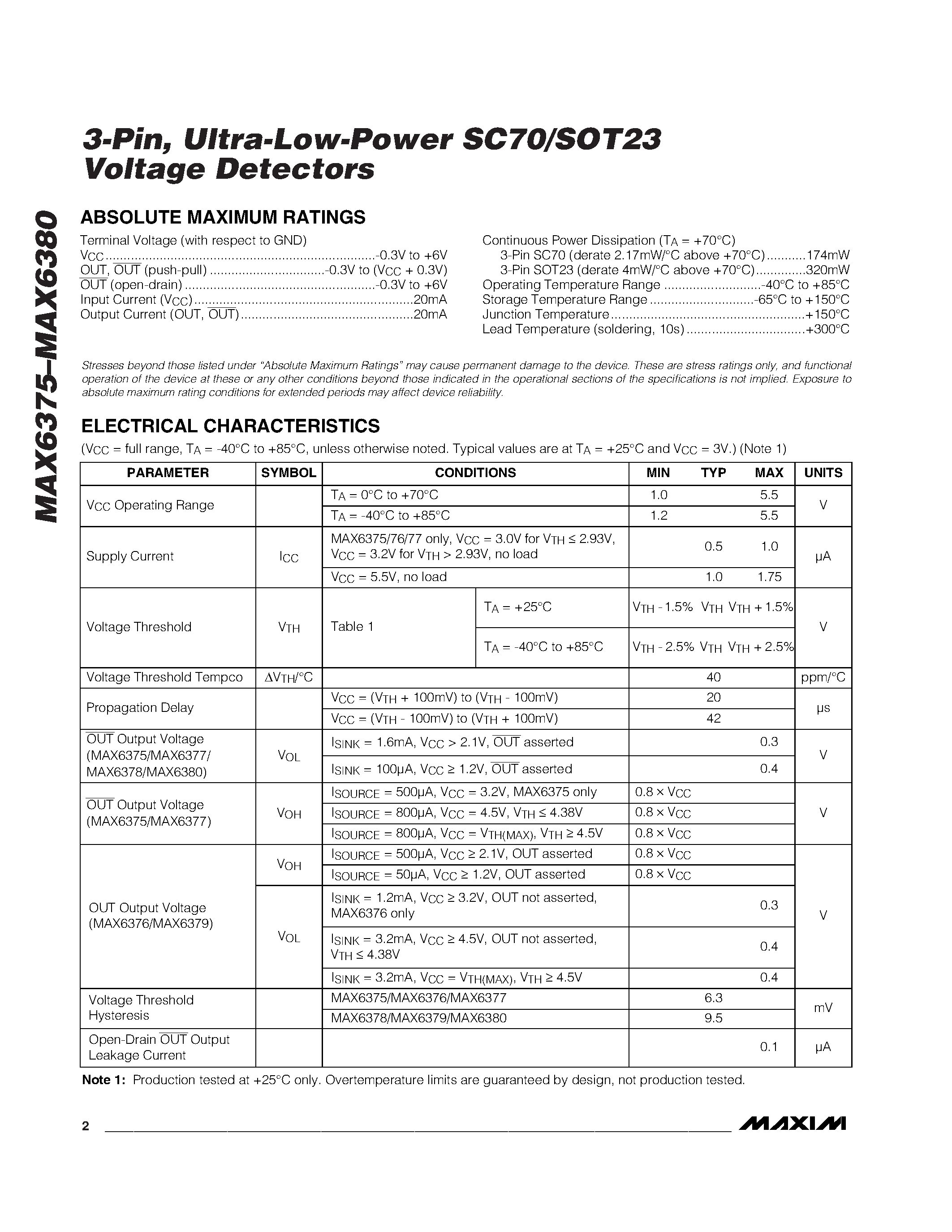 Даташит MAX6380_R37-T - 3-Pin / Ultra-Low-Power SC70/SOT23 Voltage Detectors страница 2