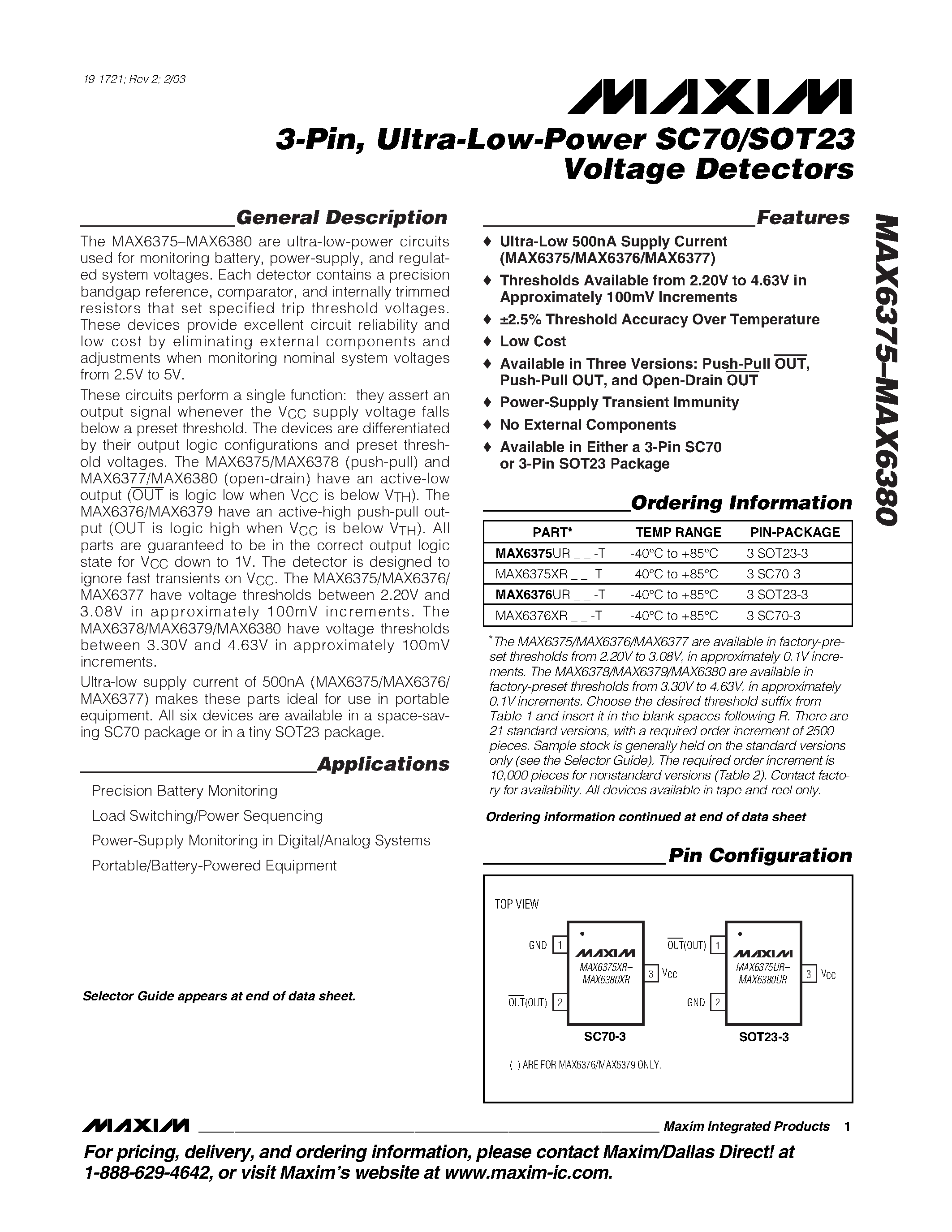 Даташит MAX6380_R42-T - 3-Pin / Ultra-Low-Power SC70/SOT23 Voltage Detectors страница 1