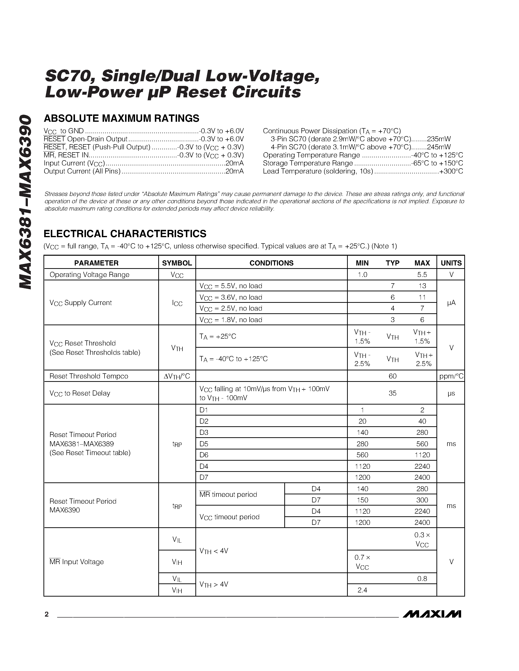 Даташит MAX6384 - SC70 / Single/Dual Low-Voltage / Low-Power P Reset Circuits страница 2