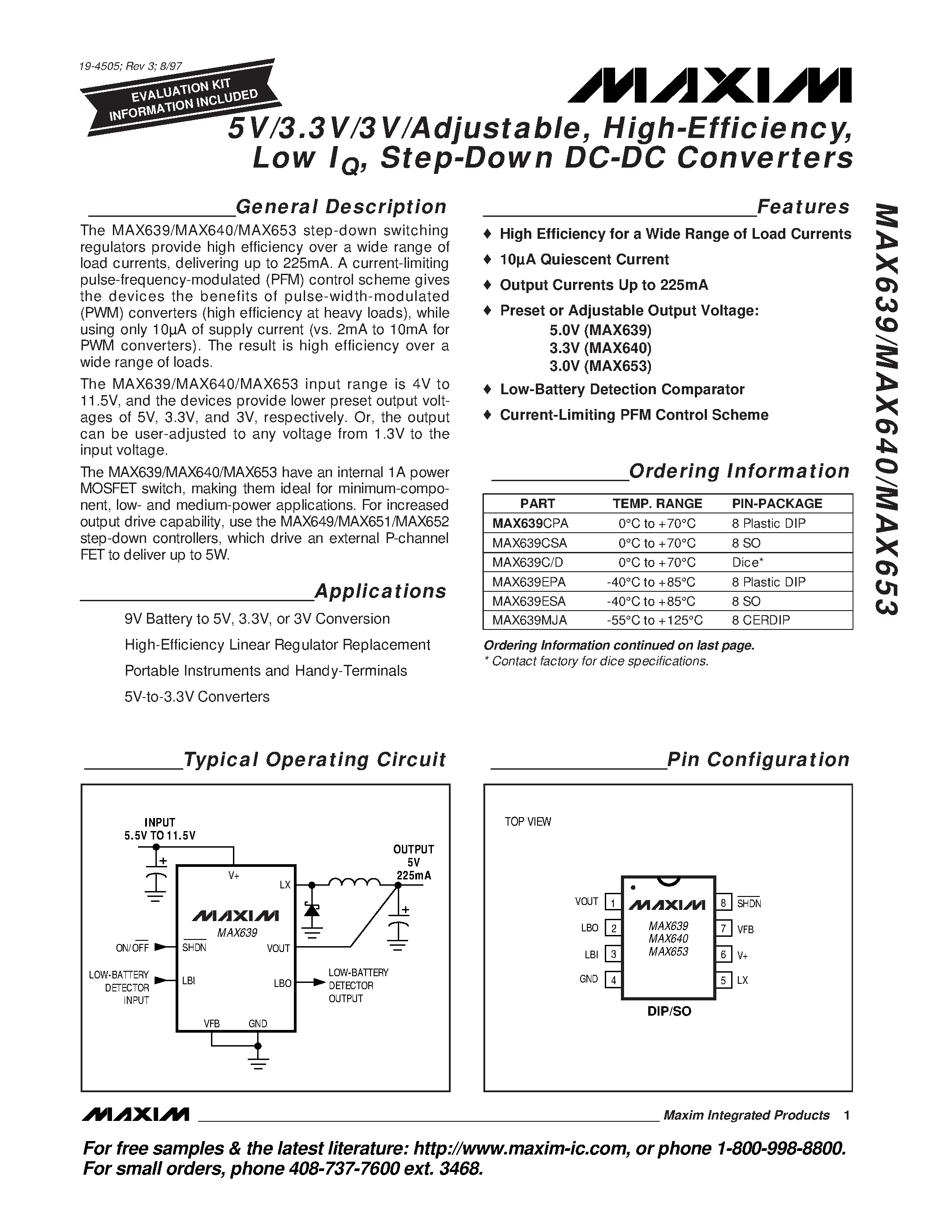 Datasheet MAX640 - 5V/3.3V/3V/Adjustable / High-Efficiency / Low IQ / Step-Down DC-DC Converters page 1
