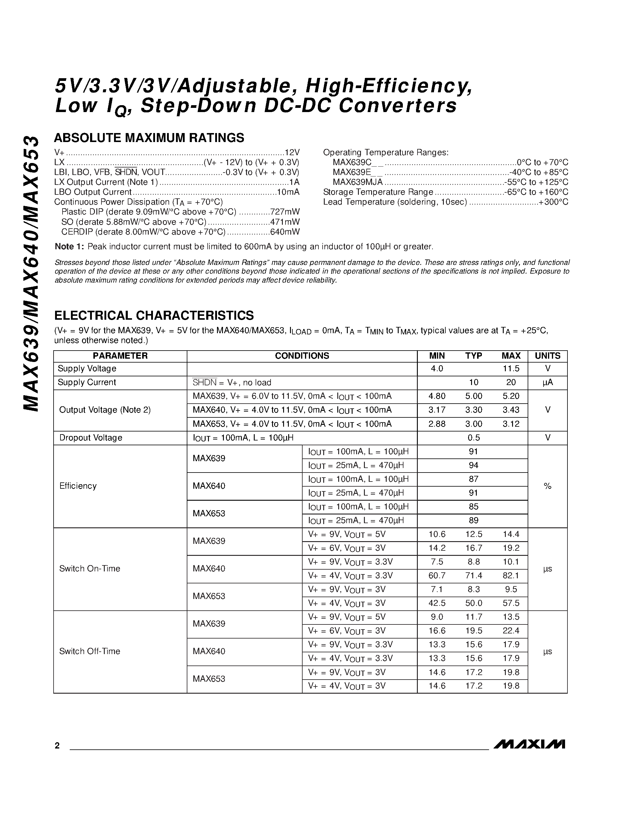 Datasheet MAX640 - 5V/3.3V/3V/Adjustable / High-Efficiency / Low IQ / Step-Down DC-DC Converters page 2