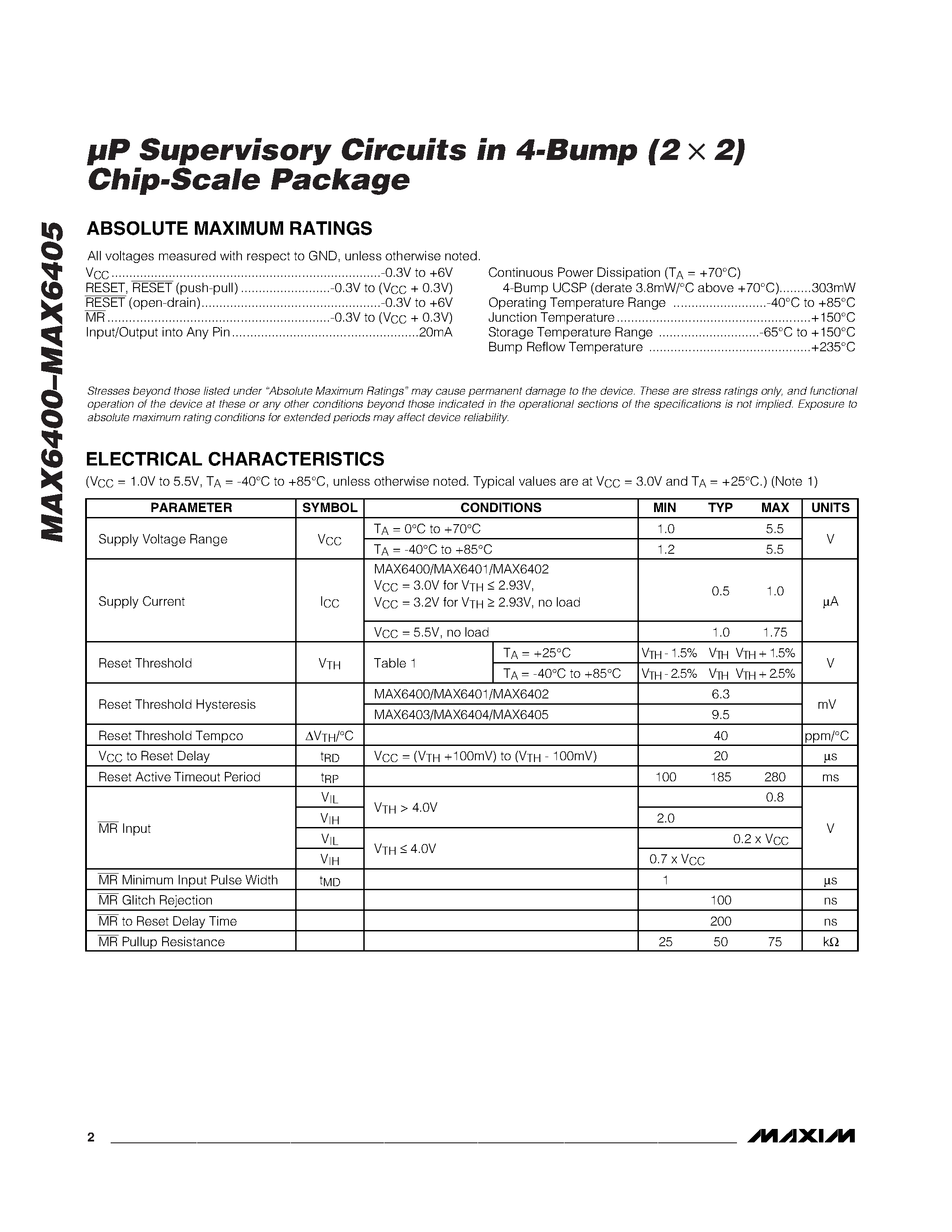 Даташит MAX6401 - P Supervisory Circuits in 4-Bump (2 x 2) Chip-Scale Package страница 2