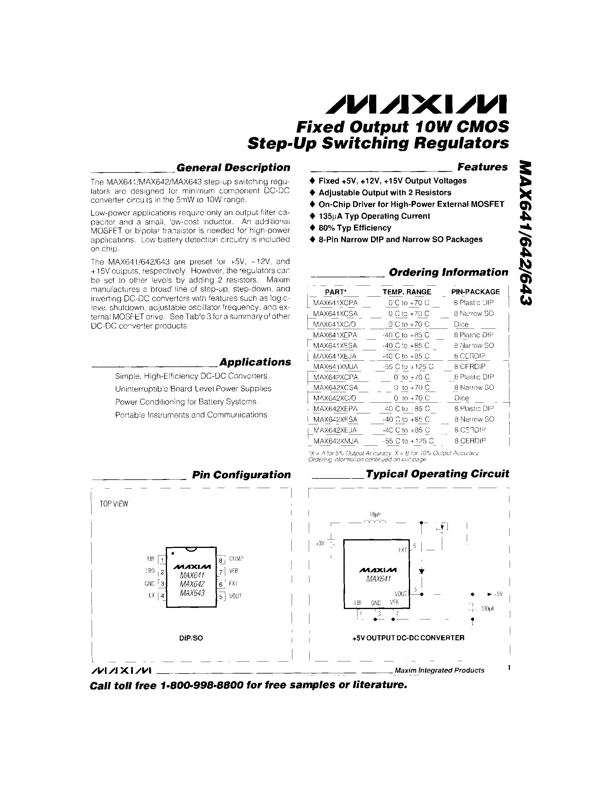Datasheet MAX641 - Fixed Output 10W CMOS Step-Up Switching Regulators page 1