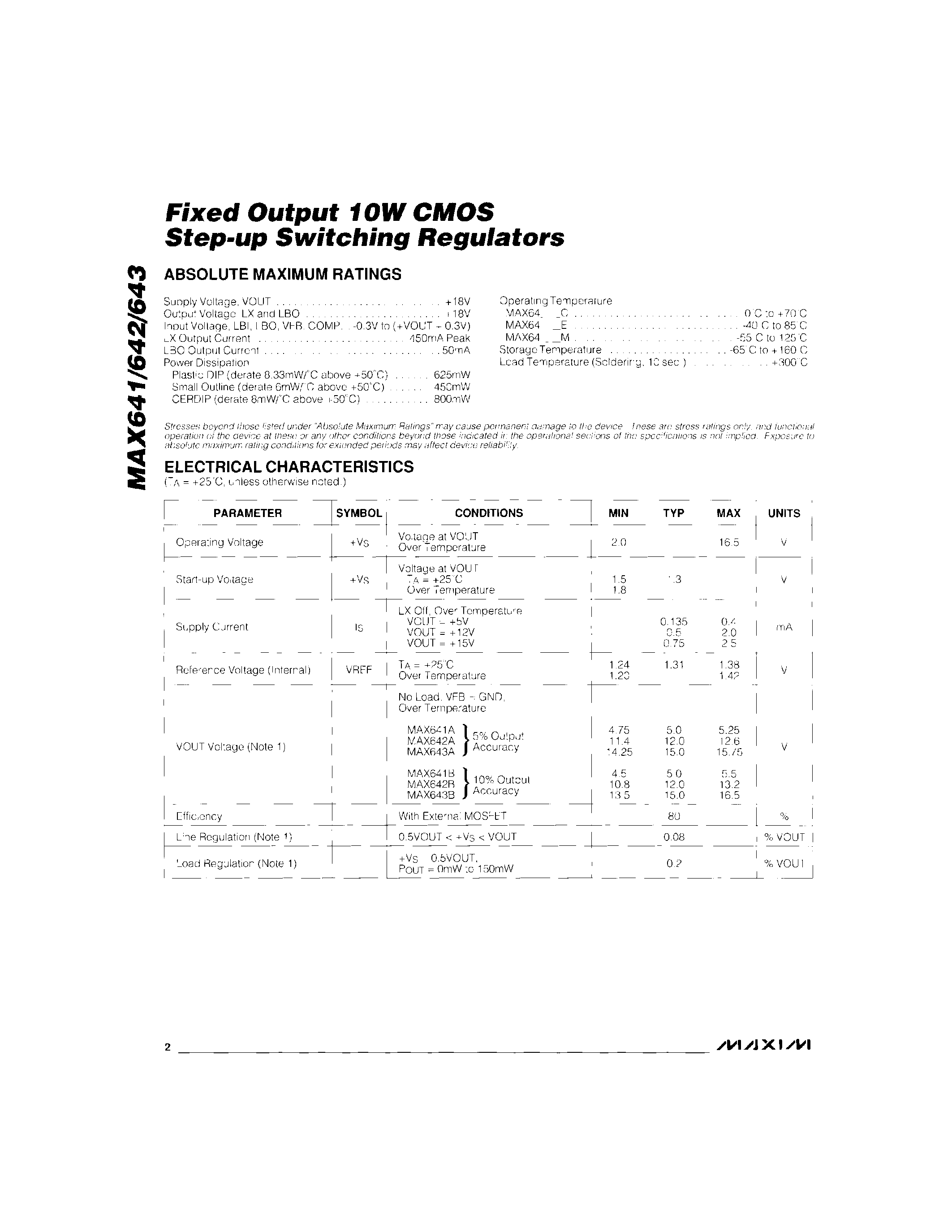 Datasheet MAX641 - Fixed Output 10W CMOS Step-Up Switching Regulators page 2