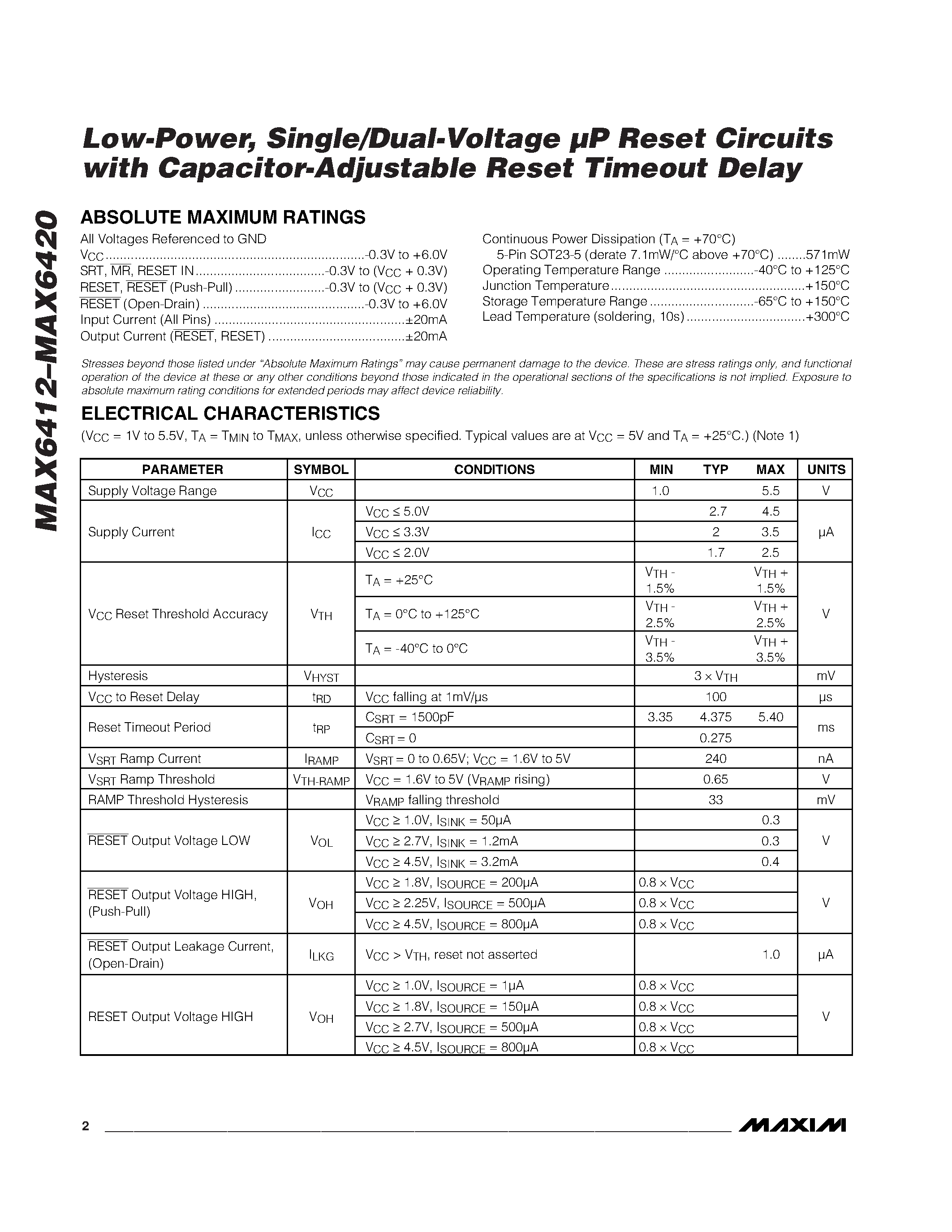 Даташит MAX6412UK26-T - Low-Power / Single/Dual-Voltage uP Reset Circuits with Capacitor-Adjustable Reset Timeout Delay страница 2
