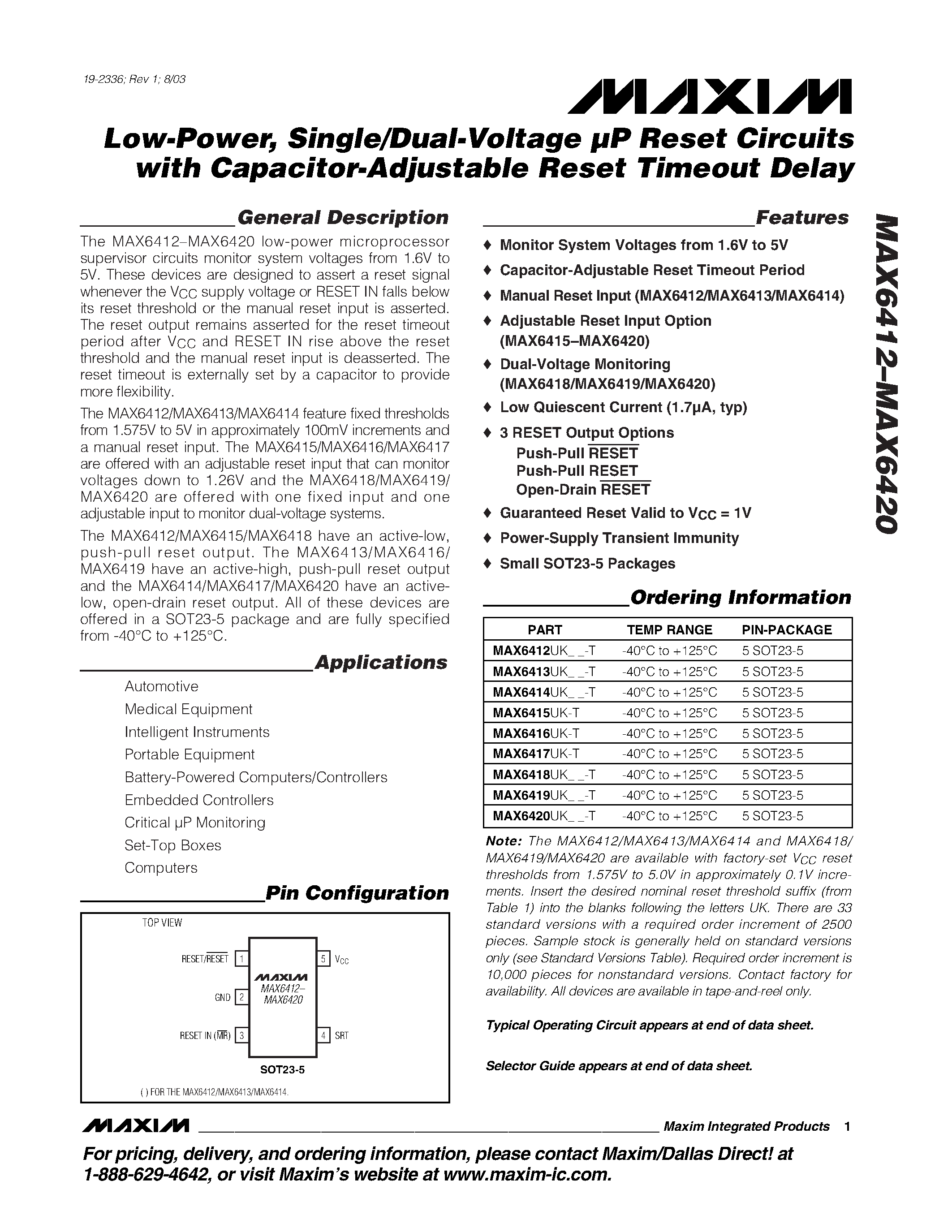 Datasheet MAX6414 - Low-Power / Single/Dual-Voltage uP Reset Circuits with Capacitor-Adjustable Reset Timeout Delay page 1