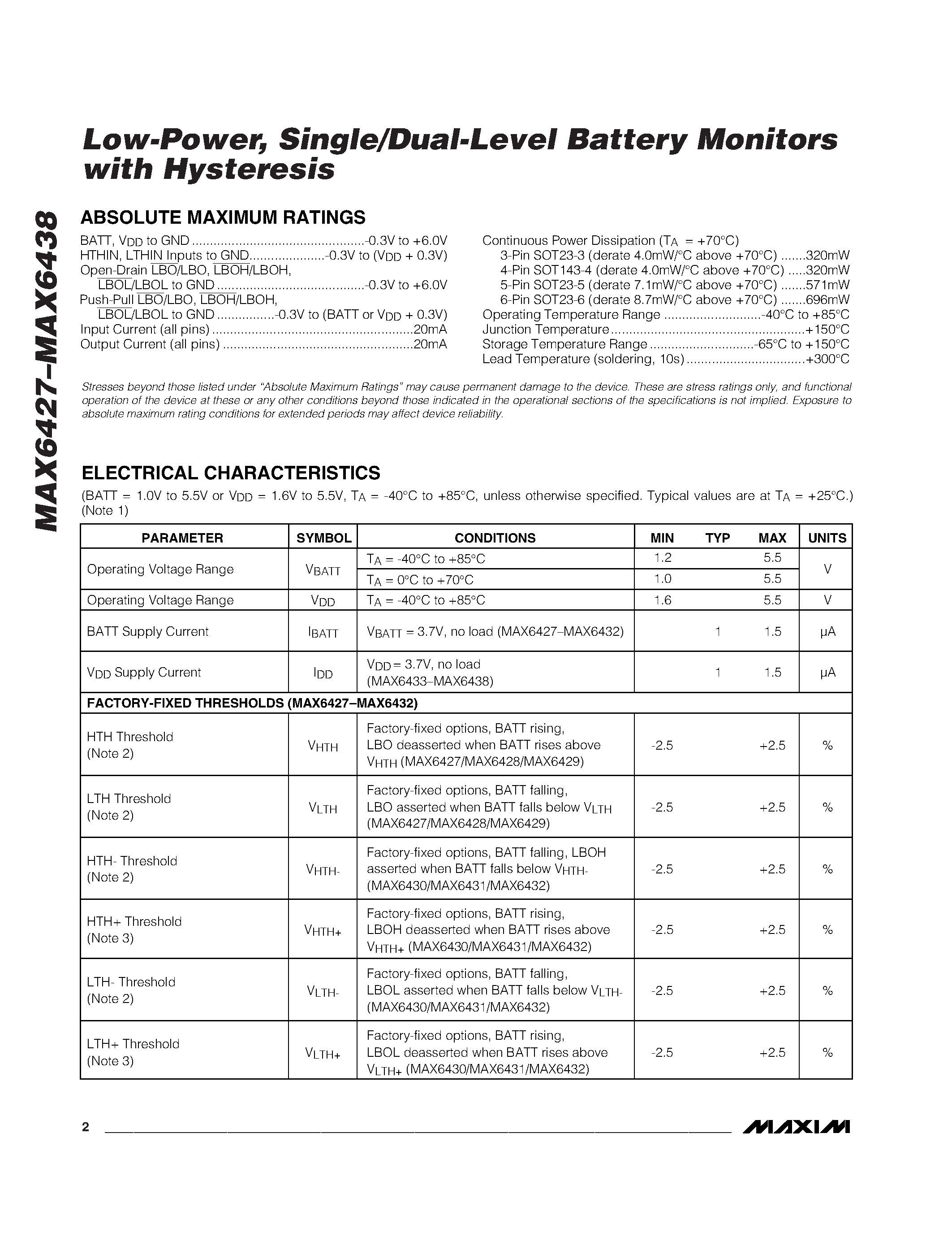 Datasheet MAX6432 - Low-Power / Single/Dual-Level Battery Monitors with Hysteresis page 2