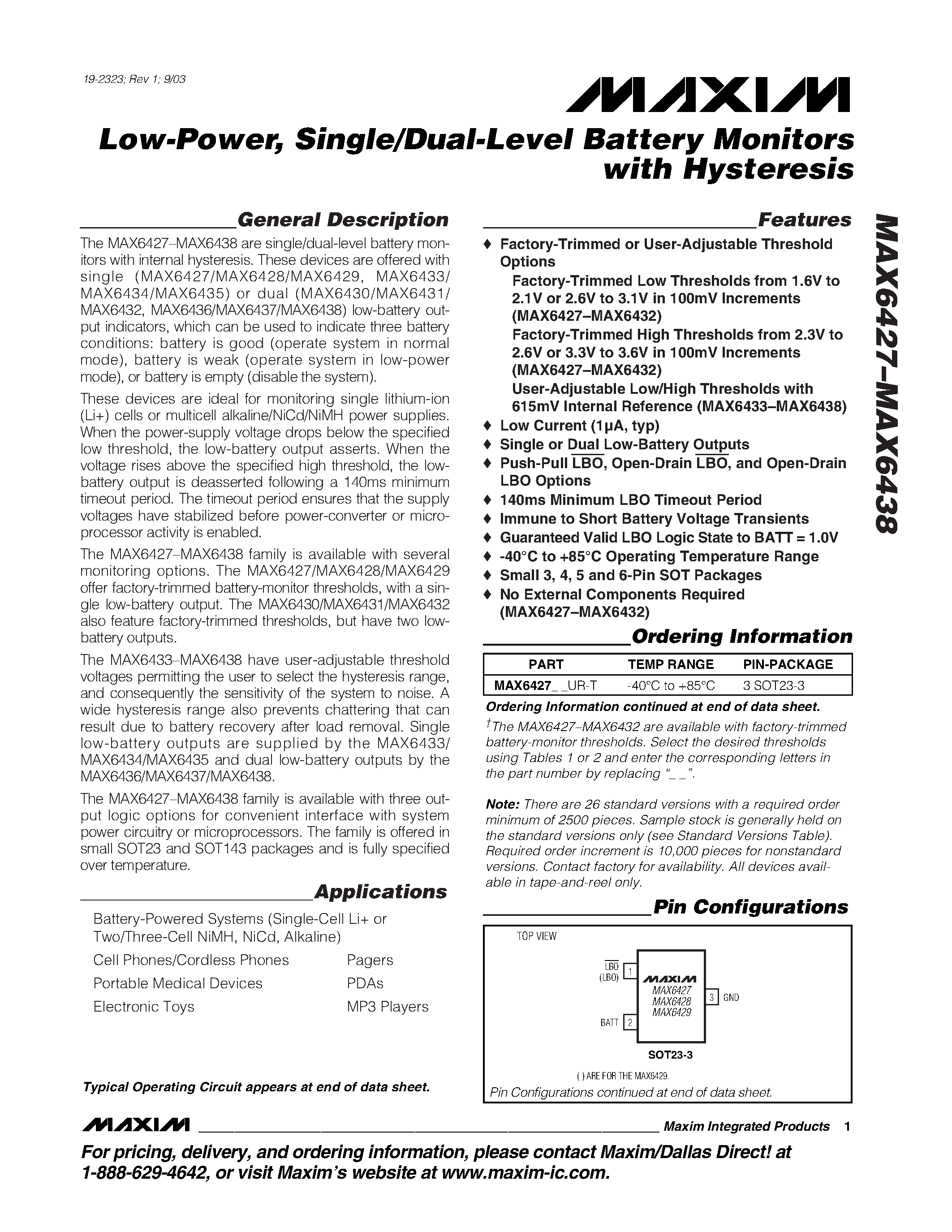 Datasheet MAX6436 - Low-Power / Single/Dual-Level Battery Monitors with Hysteresis page 1
