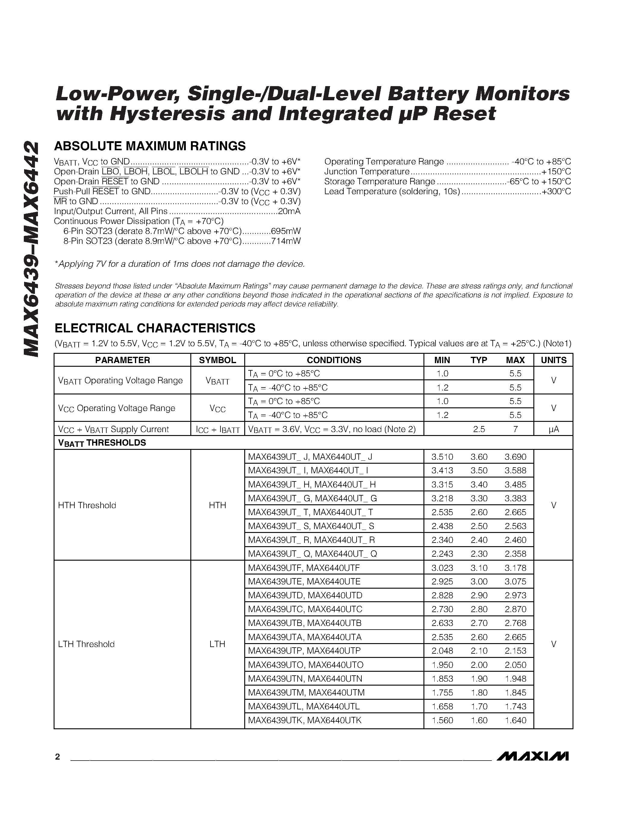 Даташит MAX6442UTM - Low-Power / Single-/Dual-Level Battery Monitors with Hysteresis and Integrated P Reset страница 2