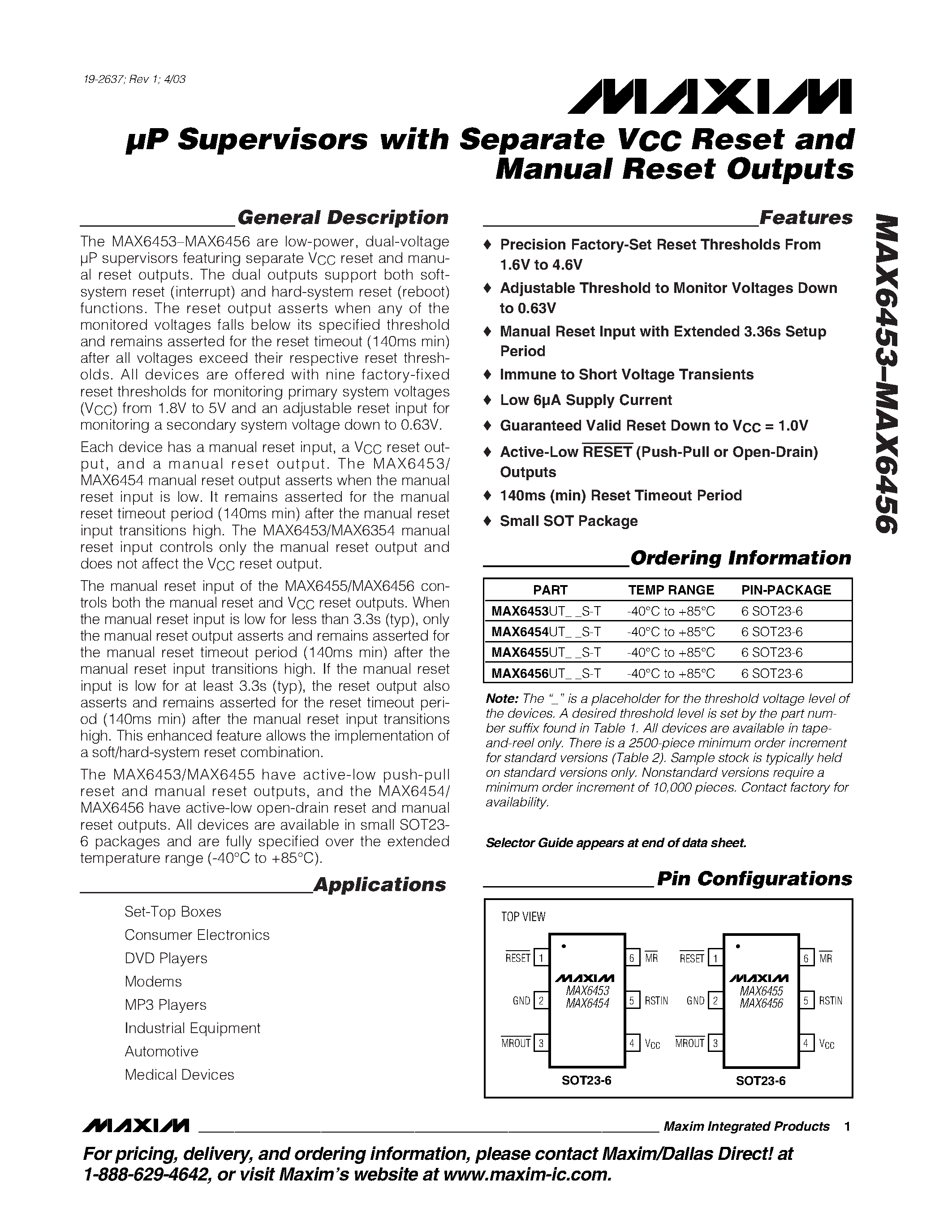 Даташит MAX6453UTS-T - uP Supervisors with Separate VCC Reset and Manual Reset Outputs страница 1