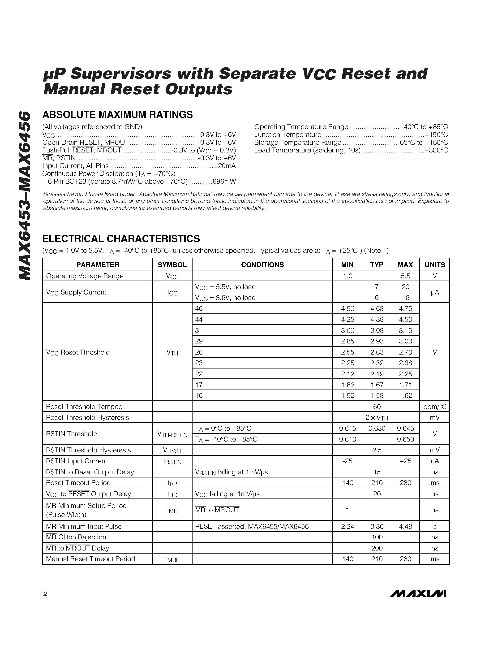 Даташит MAX6453UTS-T - uP Supervisors with Separate VCC Reset and Manual Reset Outputs страница 2