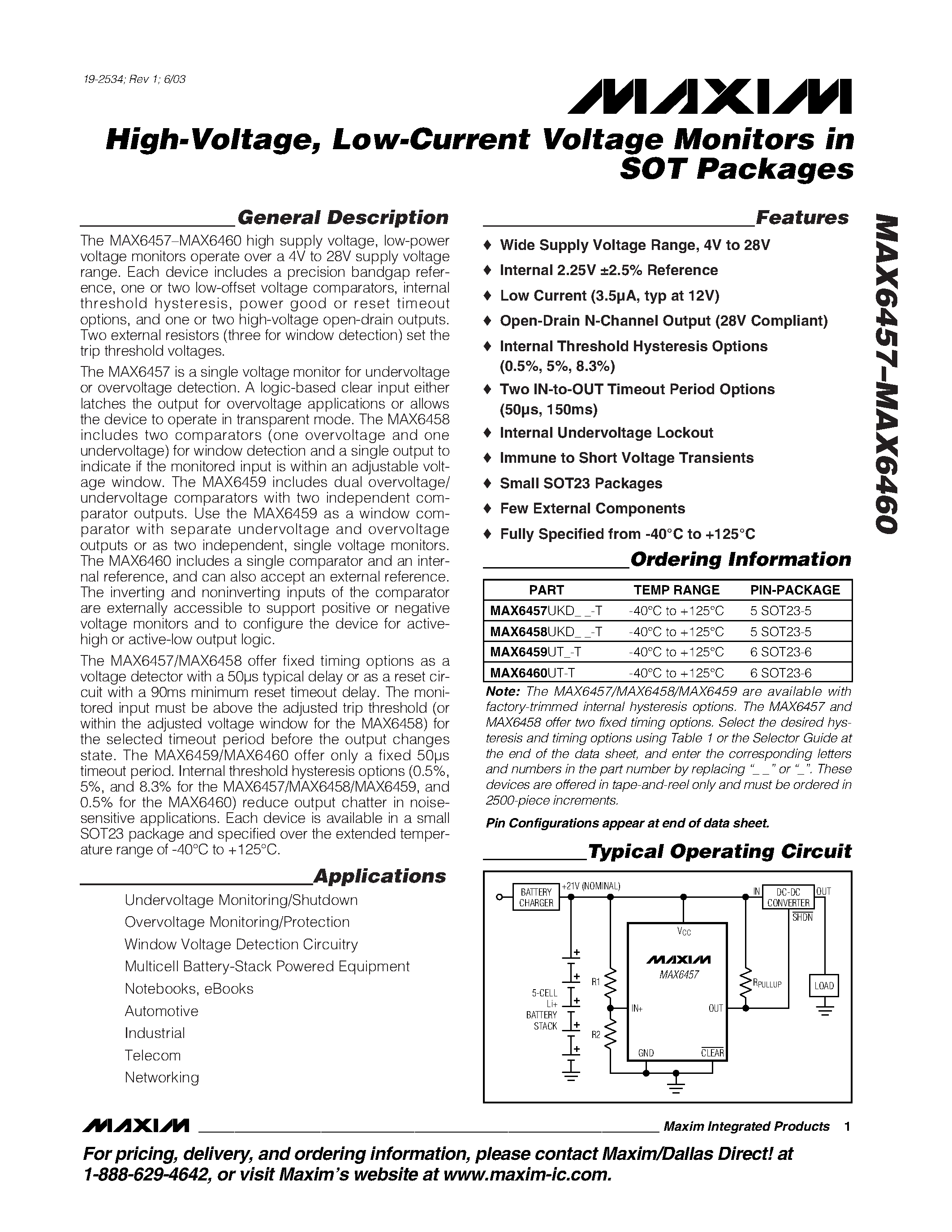 Datasheet MAX6460UT-T - High-Voltage / Low-Current Voltage Monitors in SOT Packages page 1