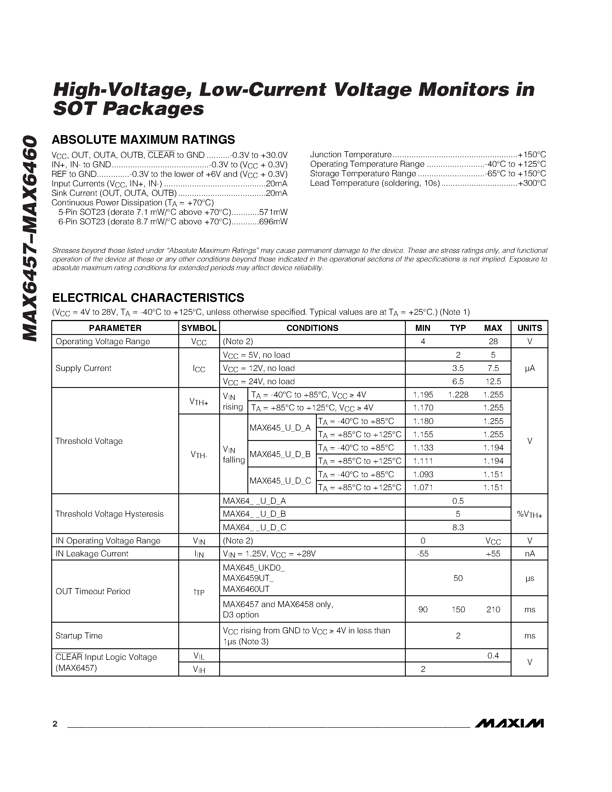 Datasheet MAX6460UT-T - High-Voltage / Low-Current Voltage Monitors in SOT Packages page 2