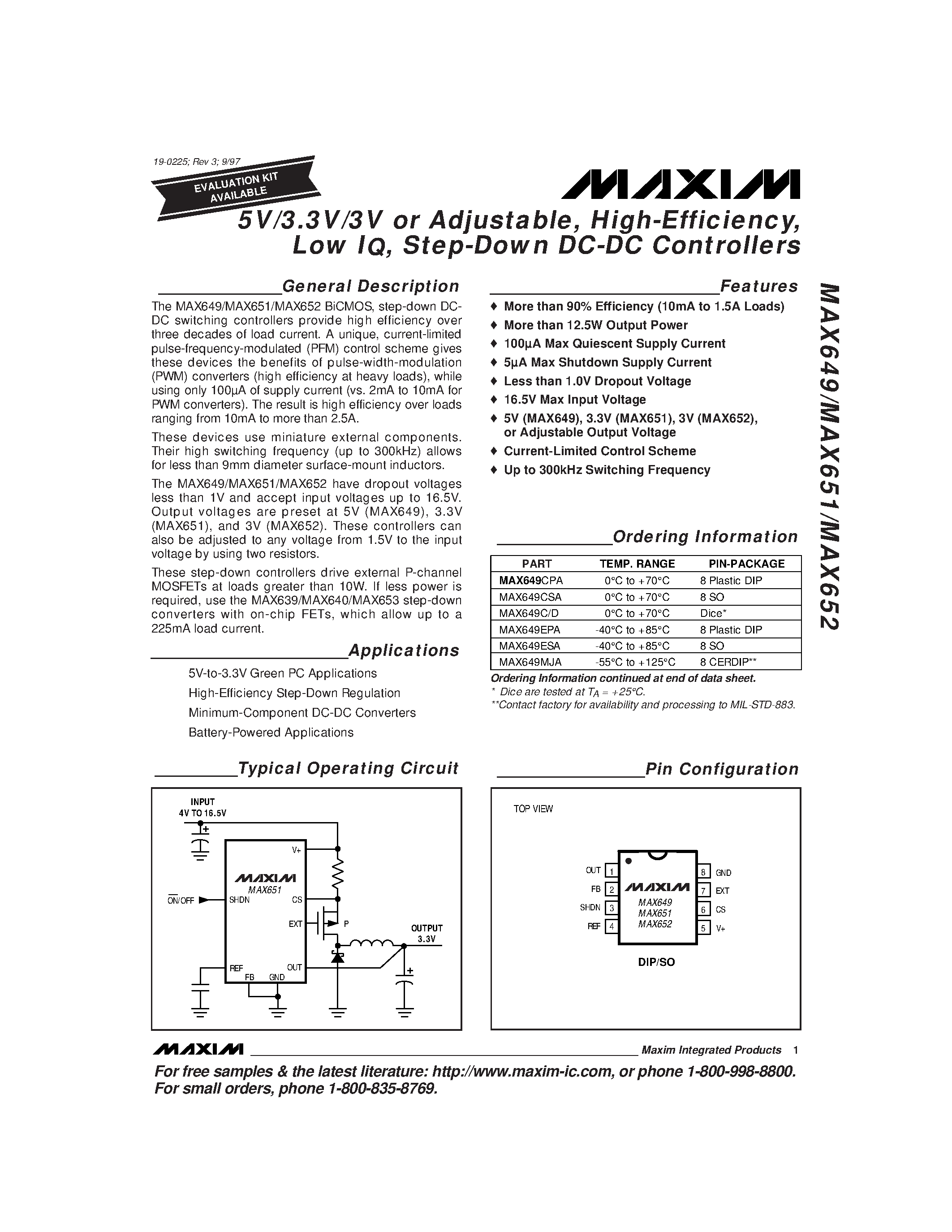 Datasheet MAX649 - 5V/3.3V/3V or Adjustable / High-Efficiency / page 1