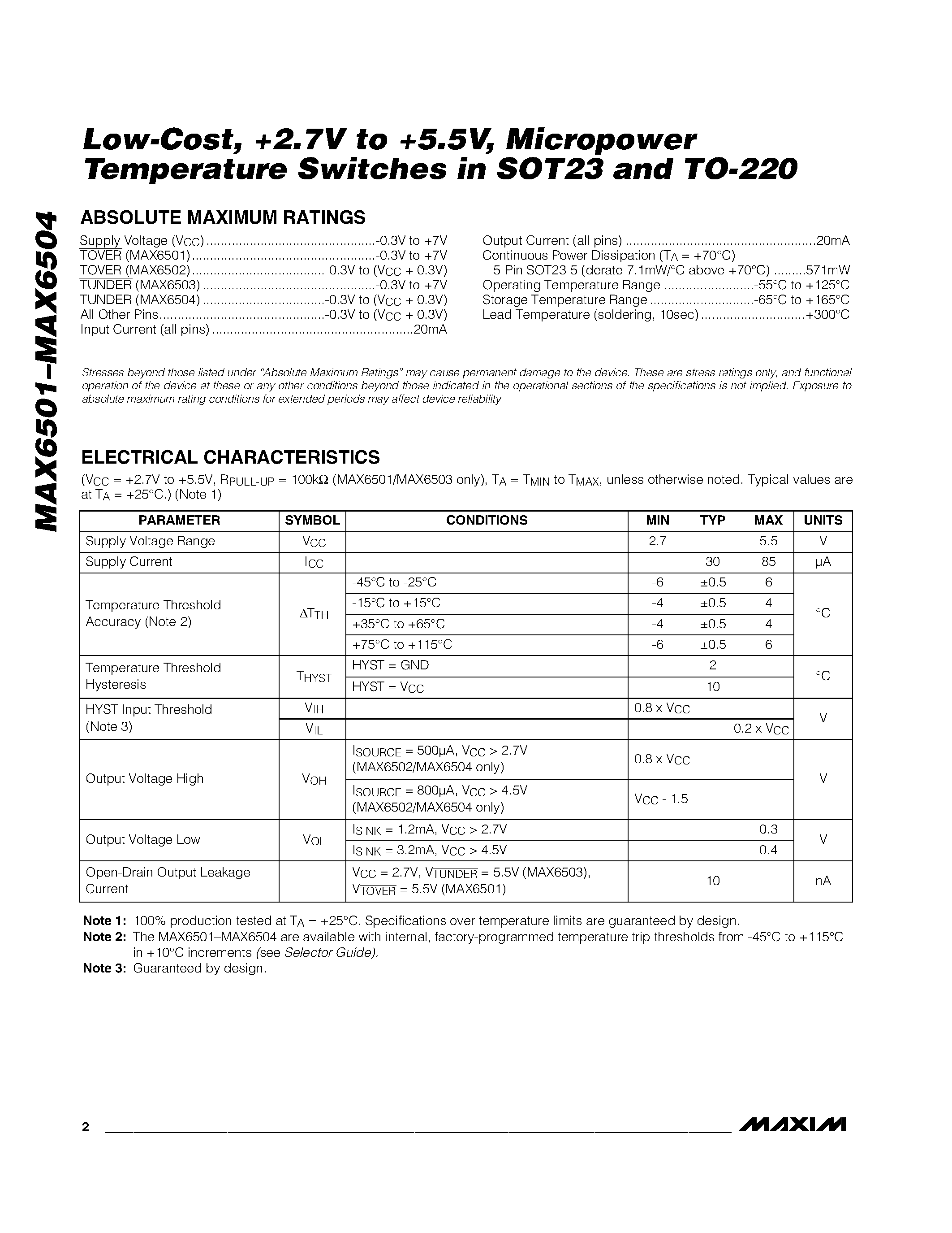 Datasheet MAX6501 - Low-Cost / +2.7V to +5.5V / Micropower Temperature Switches in SOT23 and TO-220 page 2
