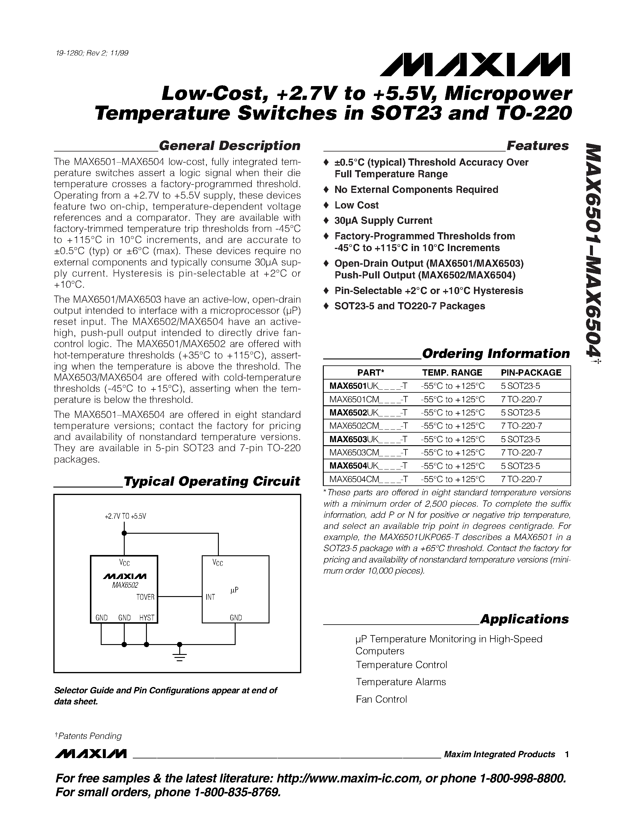 Datasheet MAX6502 - Low-Cost / +2.7V to +5.5V / Micropower Temperature Switches in SOT23 and TO-220 page 1