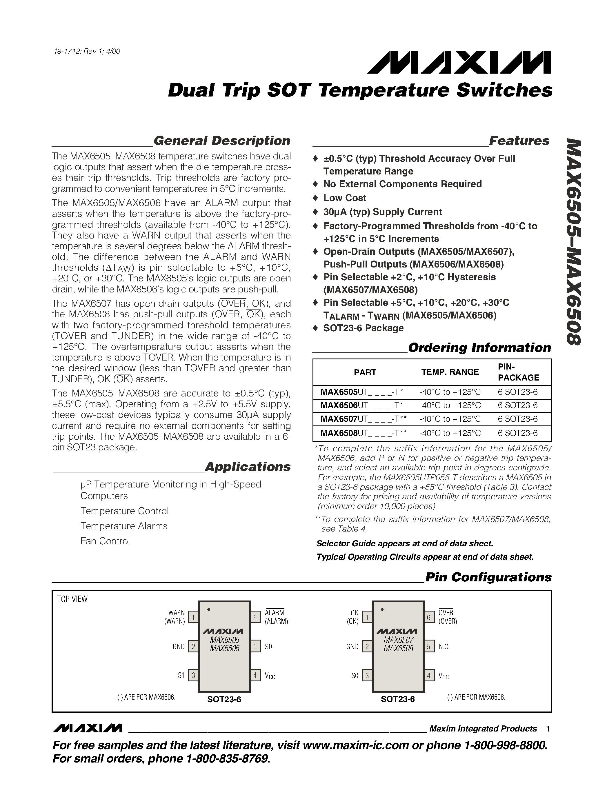 Даташит MAX6505 - Dual Trip SOT Temperature Switches страница 1