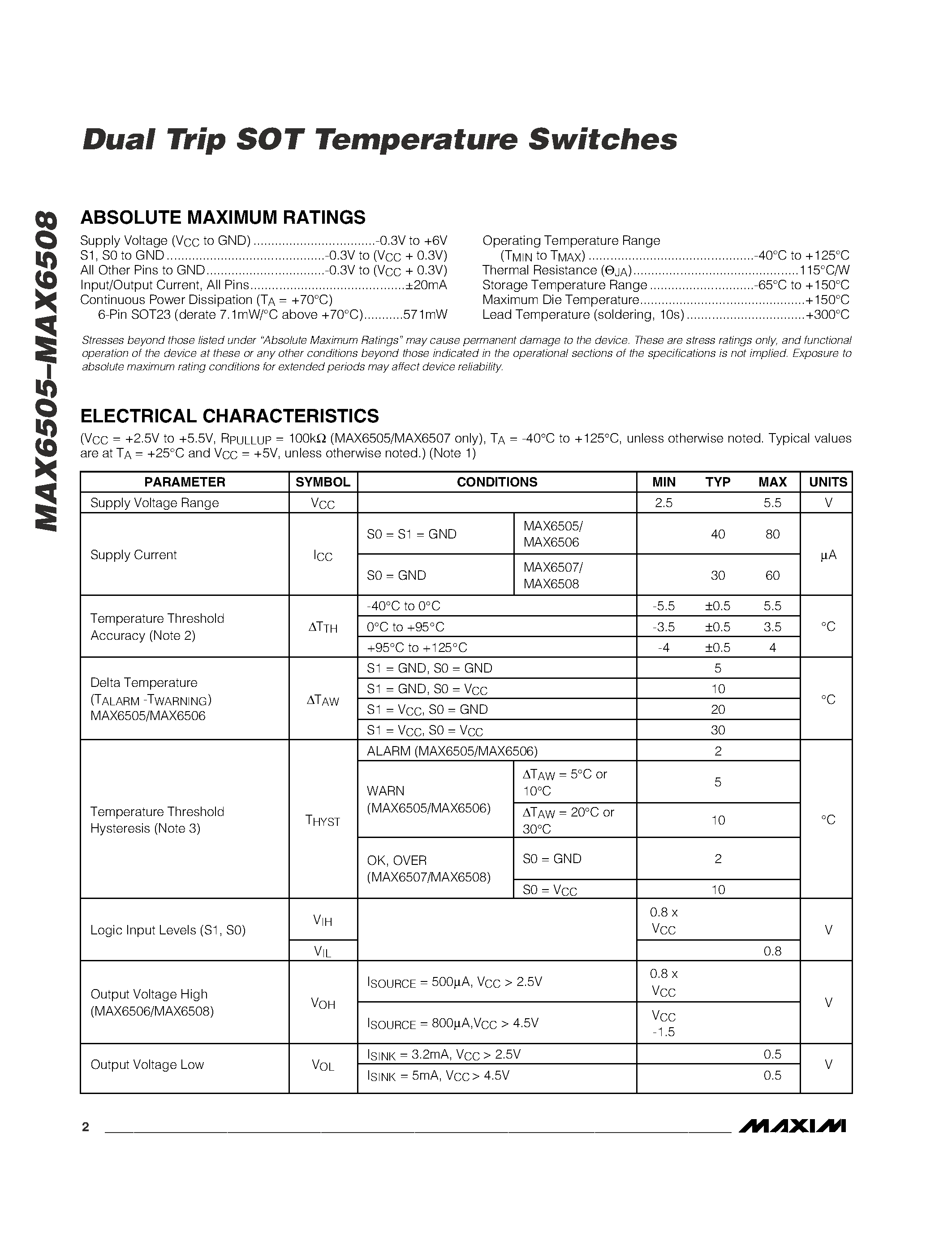 Даташит MAX6505 - Dual Trip SOT Temperature Switches страница 2