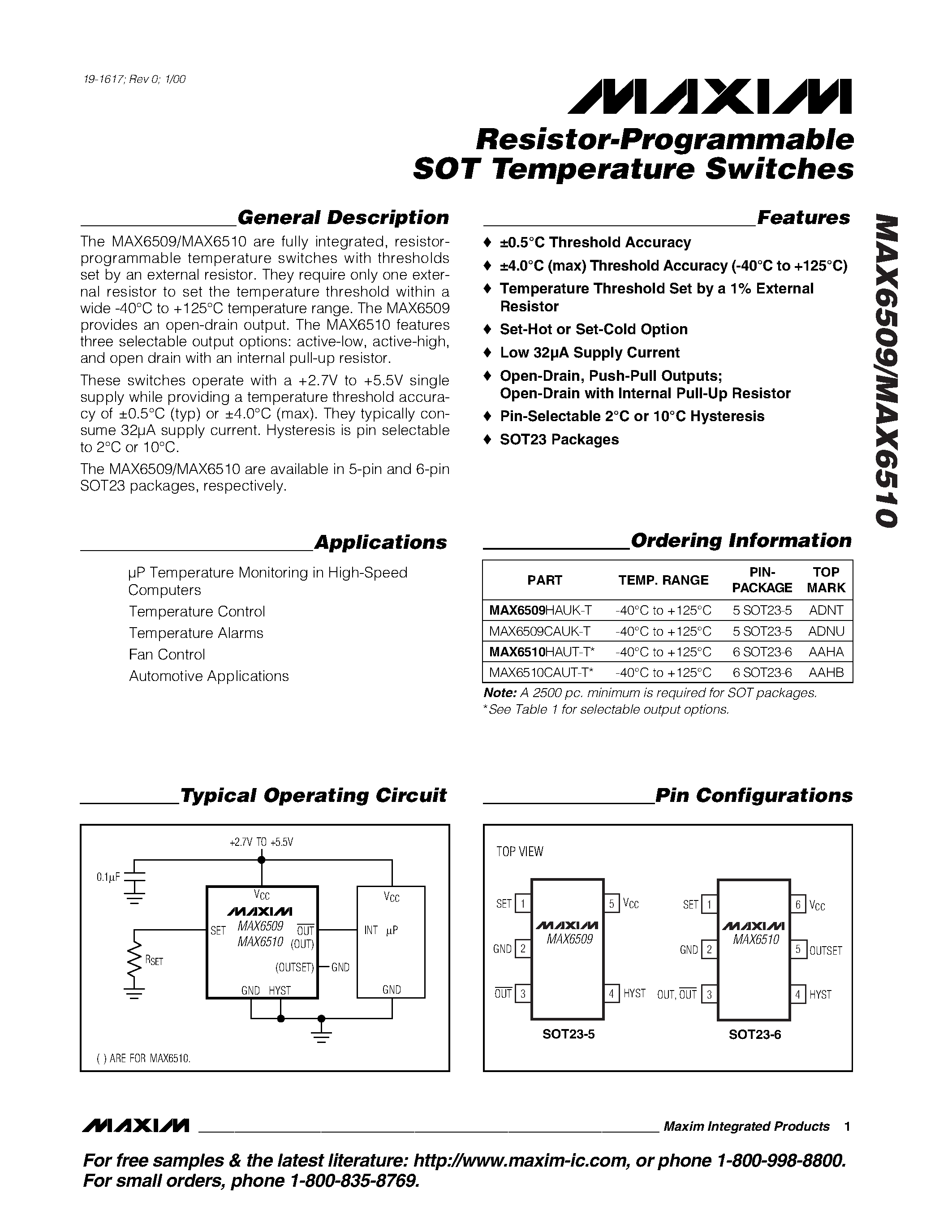 Даташит MAX6509 - Resistor-Programmable SOT Temperature Switches страница 1