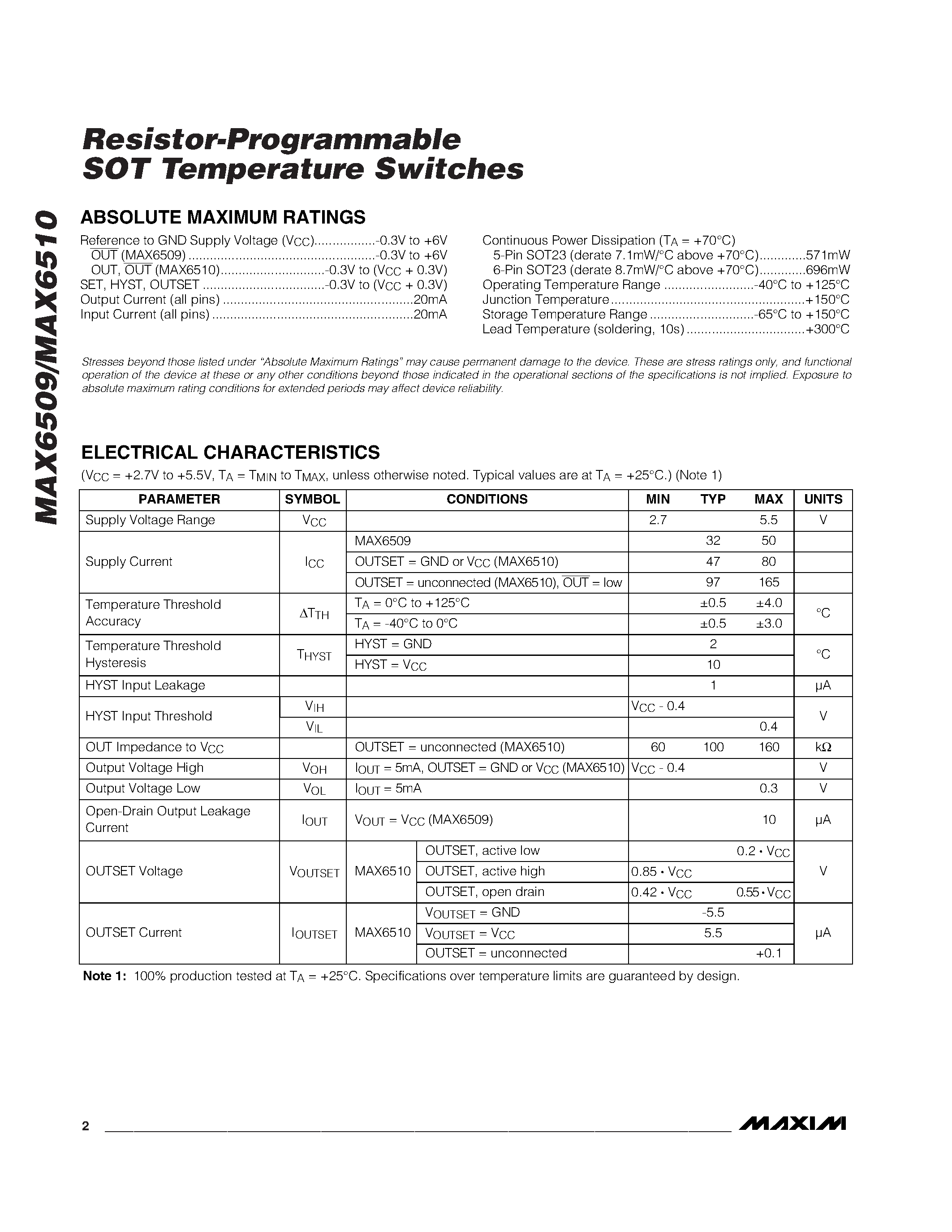 Даташит MAX6509 - Resistor-Programmable SOT Temperature Switches страница 2