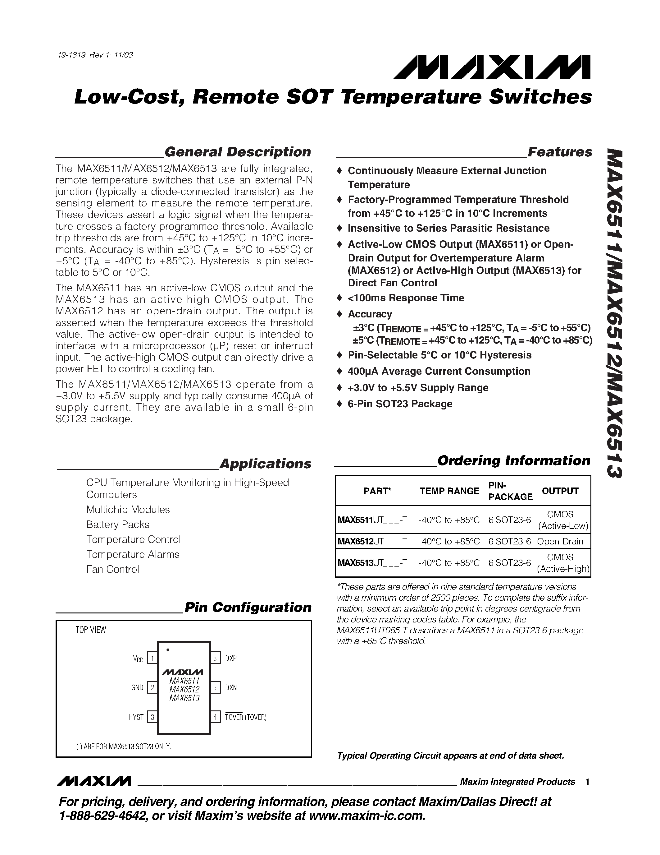 Даташит MAX6511 - Low-Cost / Remote SOT Temperature Switches страница 1