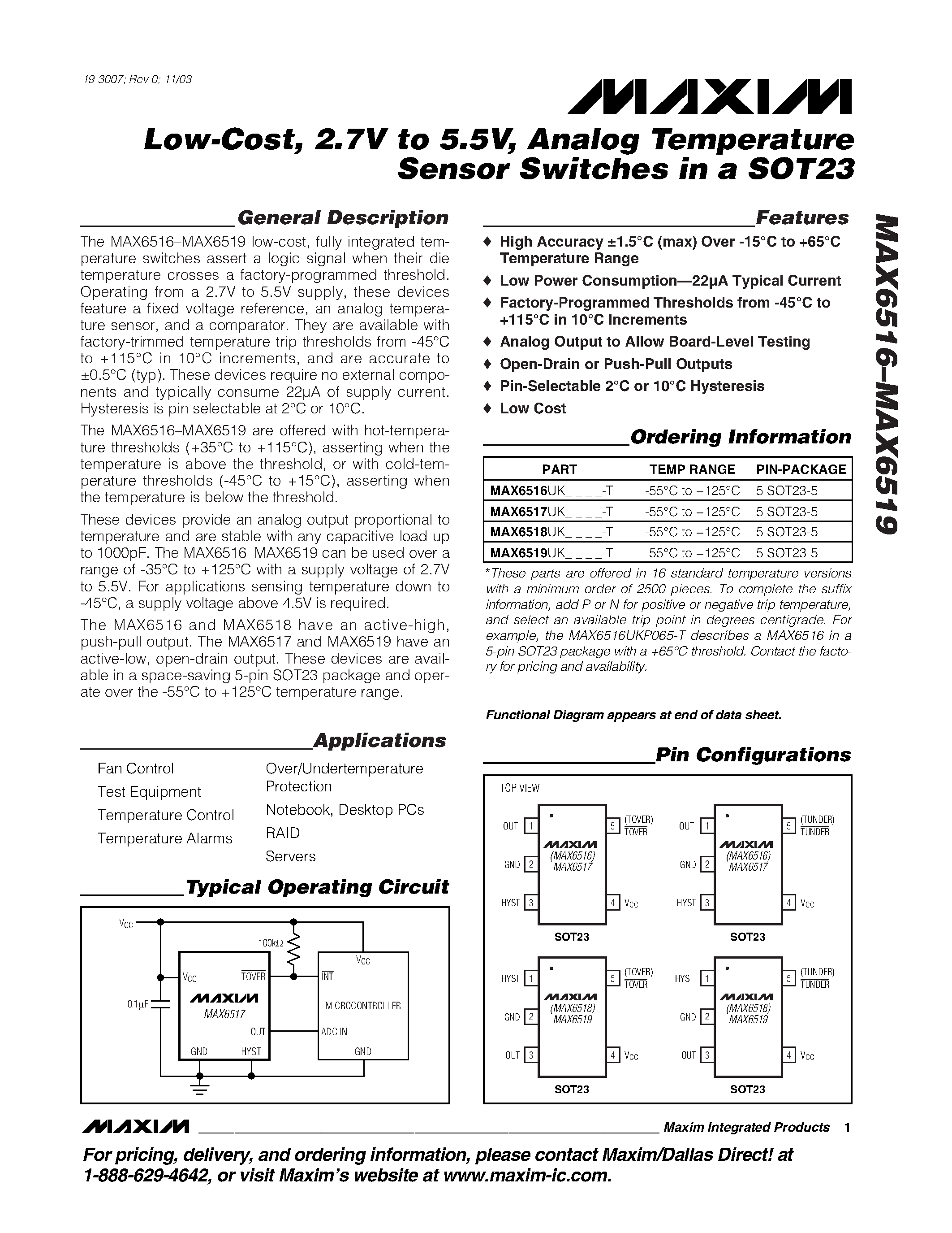 Datasheet MAX6517UK - Low-Cost / 2.7V to 5.5V / Analog Temperature Sensor Switches in a SOT23 page 1