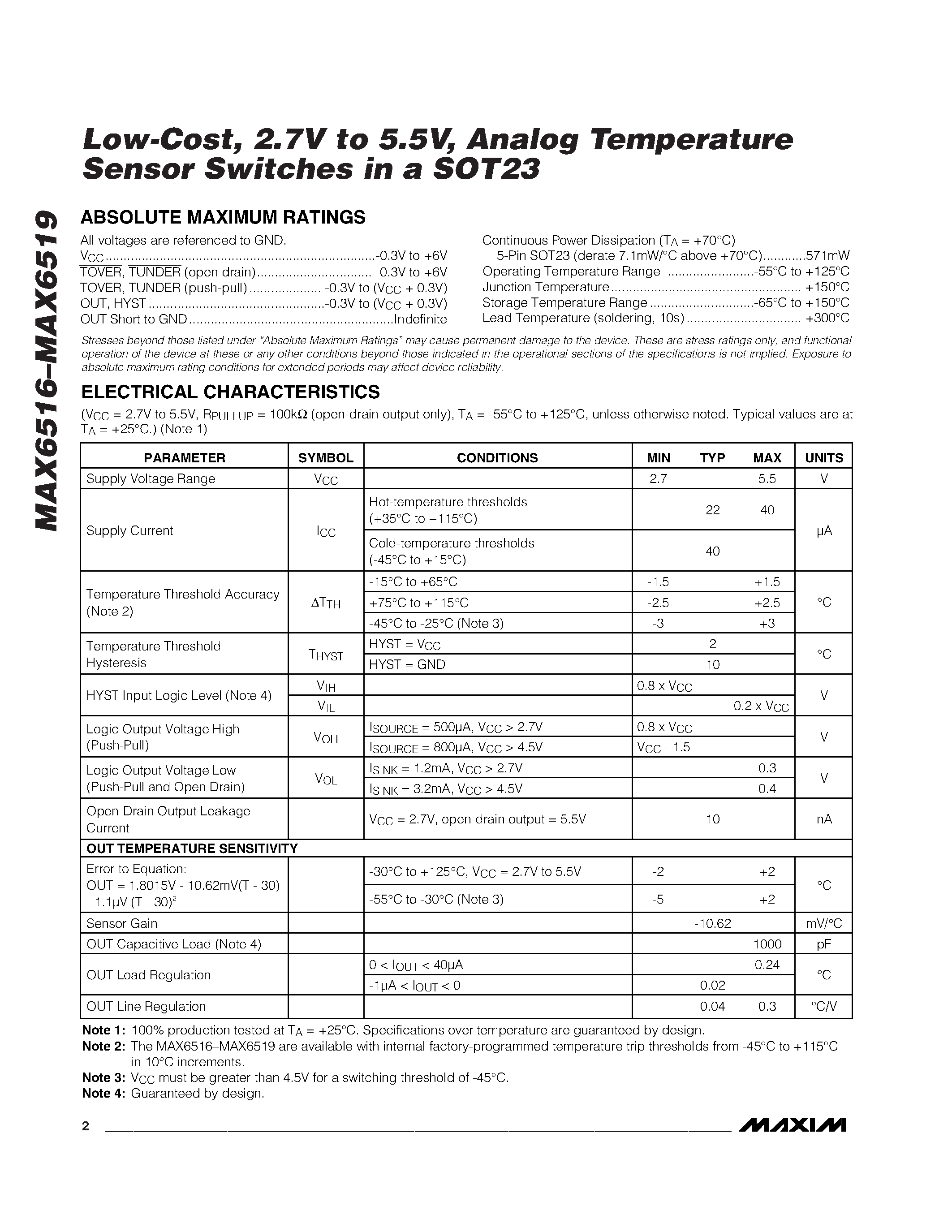 Datasheet MAX6517UK - Low-Cost / 2.7V to 5.5V / Analog Temperature Sensor Switches in a SOT23 page 2
