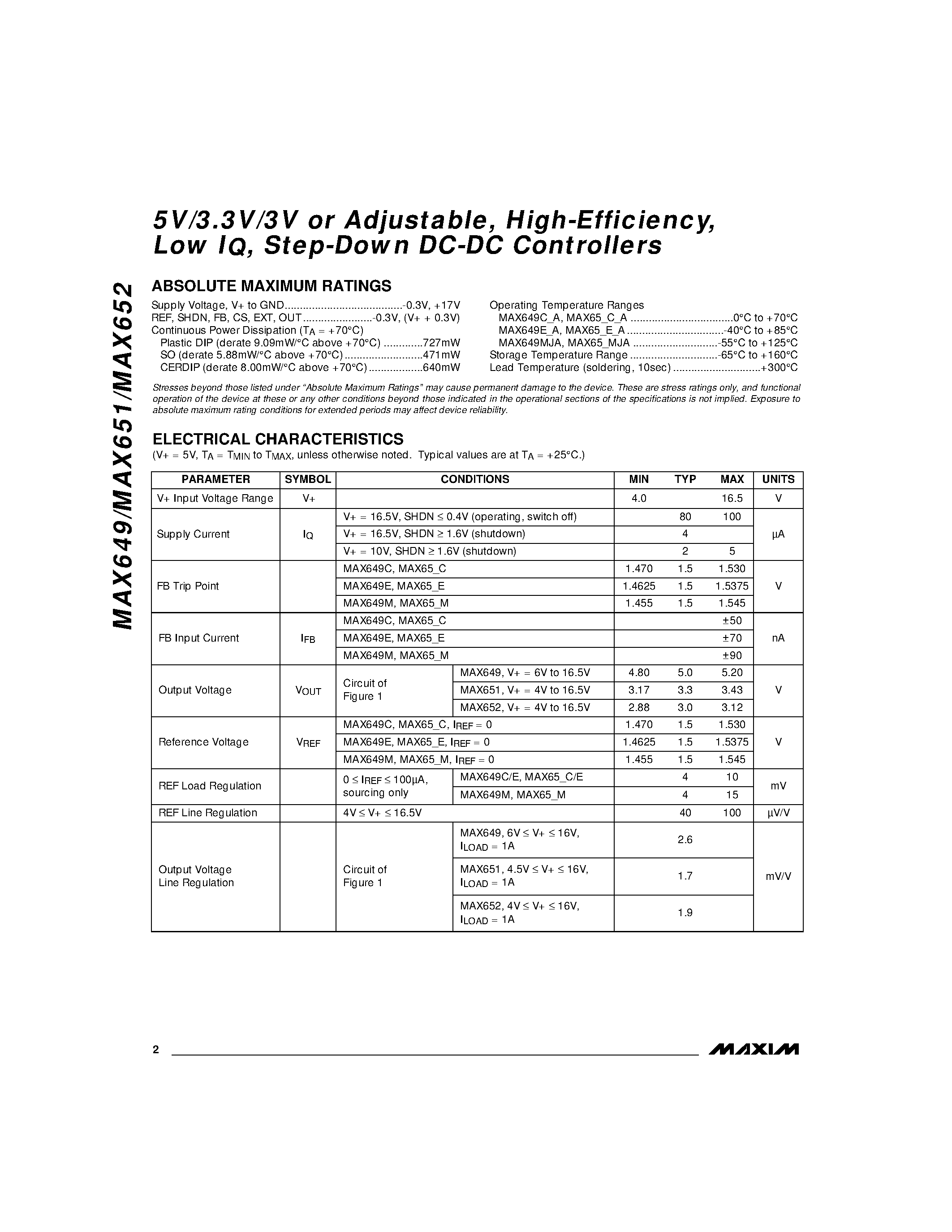 Datasheet MAX651ESA - 5V/3.3V/3V or Adjustable / High-Efficiency / page 2