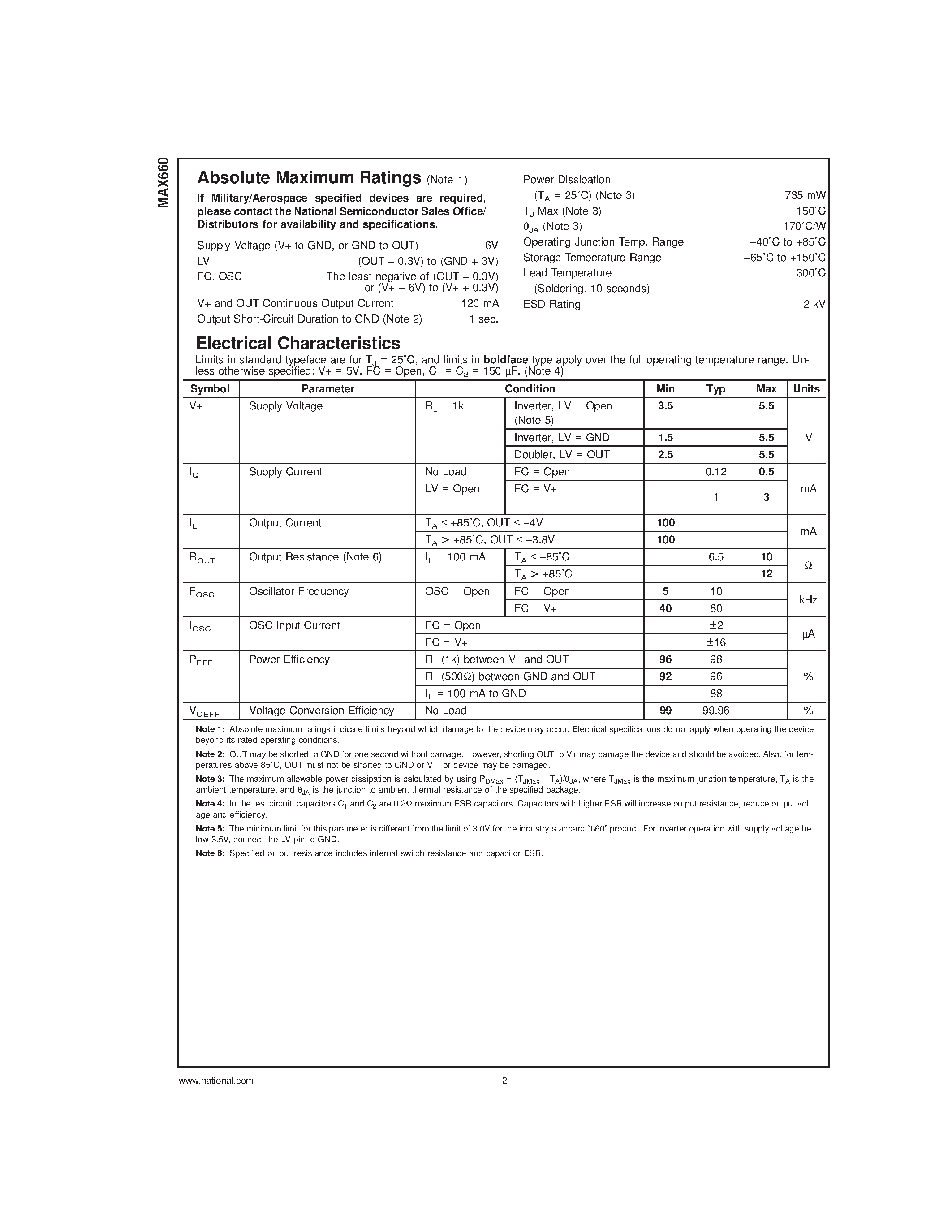 Datasheet MAX660 page 2 Datasheet MAX660 - Switched Capacitor Voltage Converter page 2