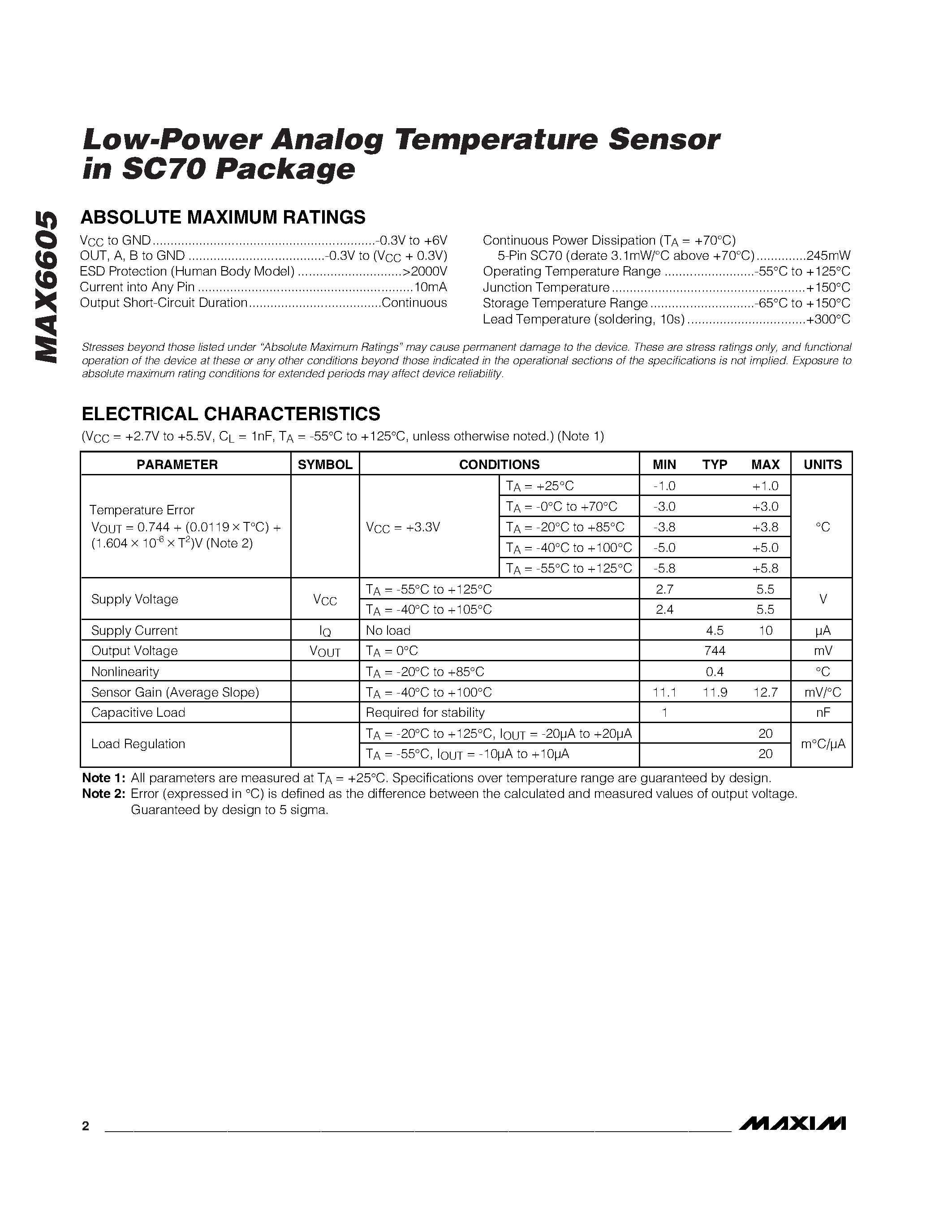 Datasheet MAX6605MXK-T page 2 Datasheet MAX6605MXK-T - Low-Power Analog Temperature Sensor in SC70 Package page 2