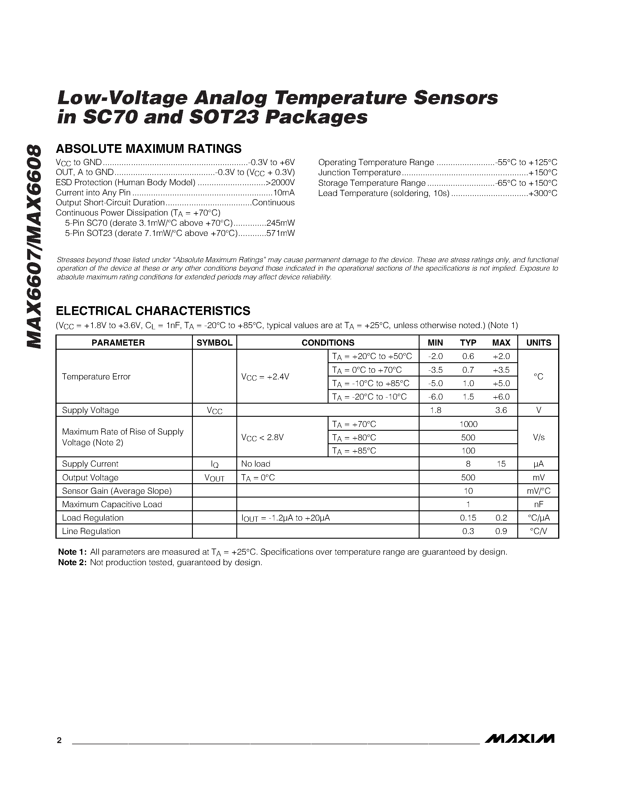 Datasheet MAX6607IXK-T - Low-Voltage Analog Temperature Sensors in SC70 and SOT23 Packages page 2