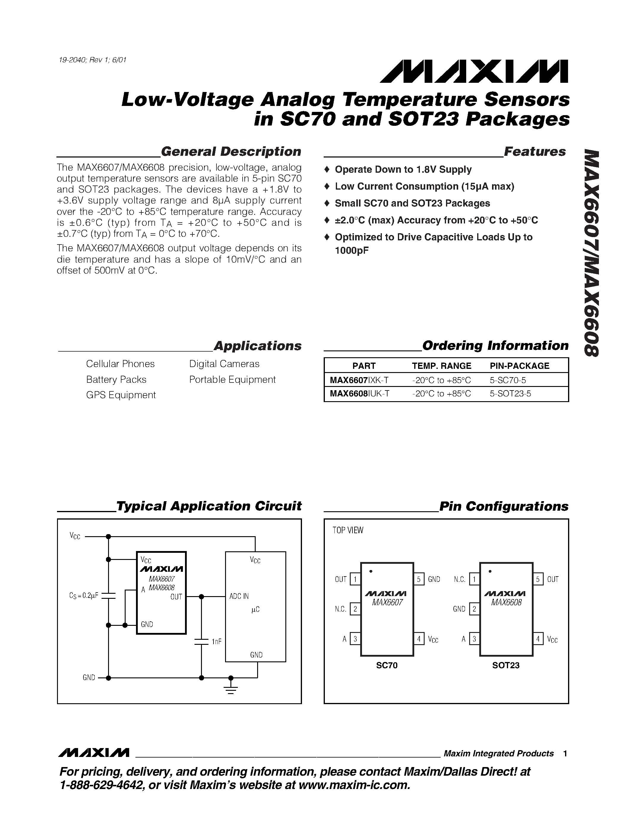 Datasheet MAX6608IUK-T - Low-Voltage Analog Temperature Sensors in SC70 and SOT23 Packages page 1