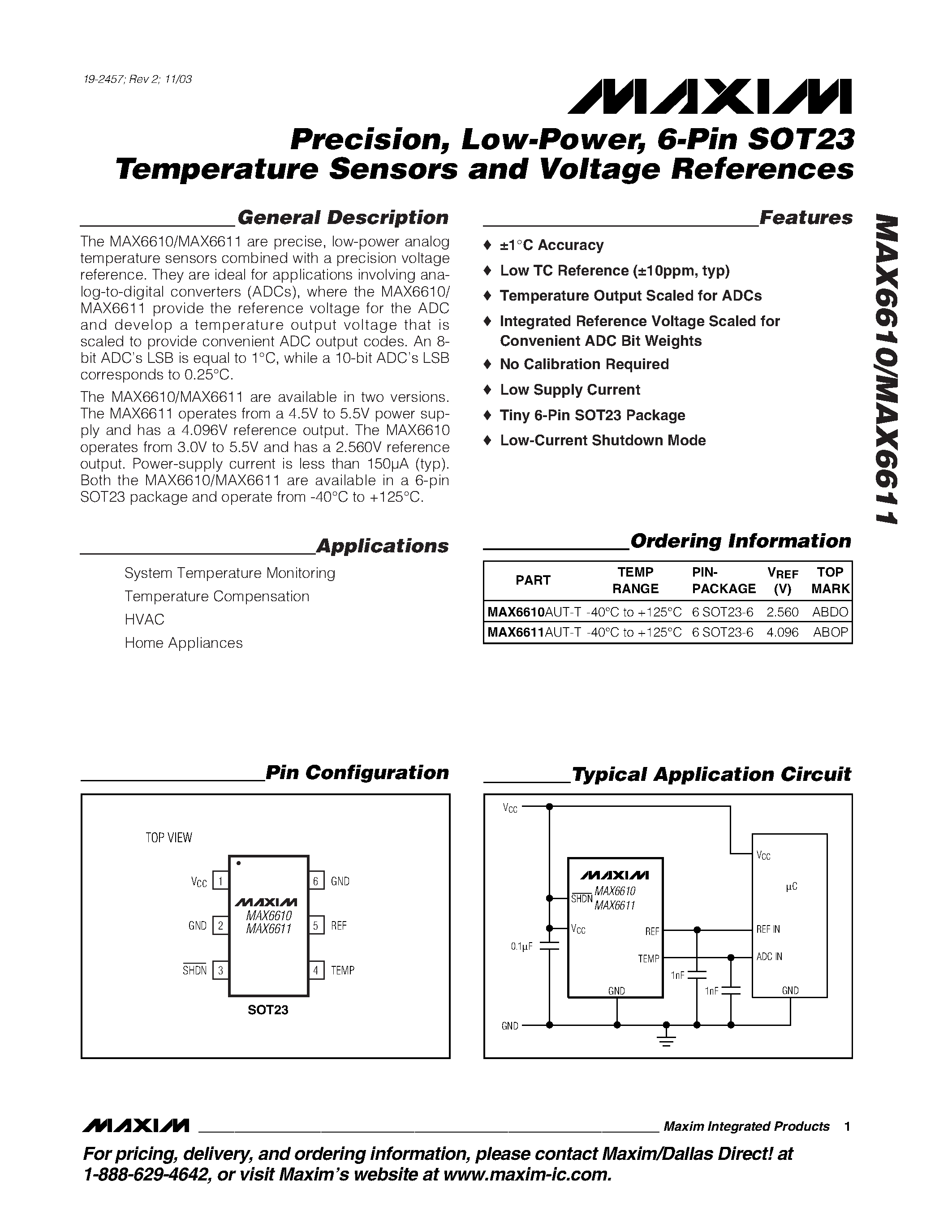 Datasheet MAX6610AUT-T - Precision / Low-Power / 6-Pin SOT23 Temperature Sensors and Voltage References page 1