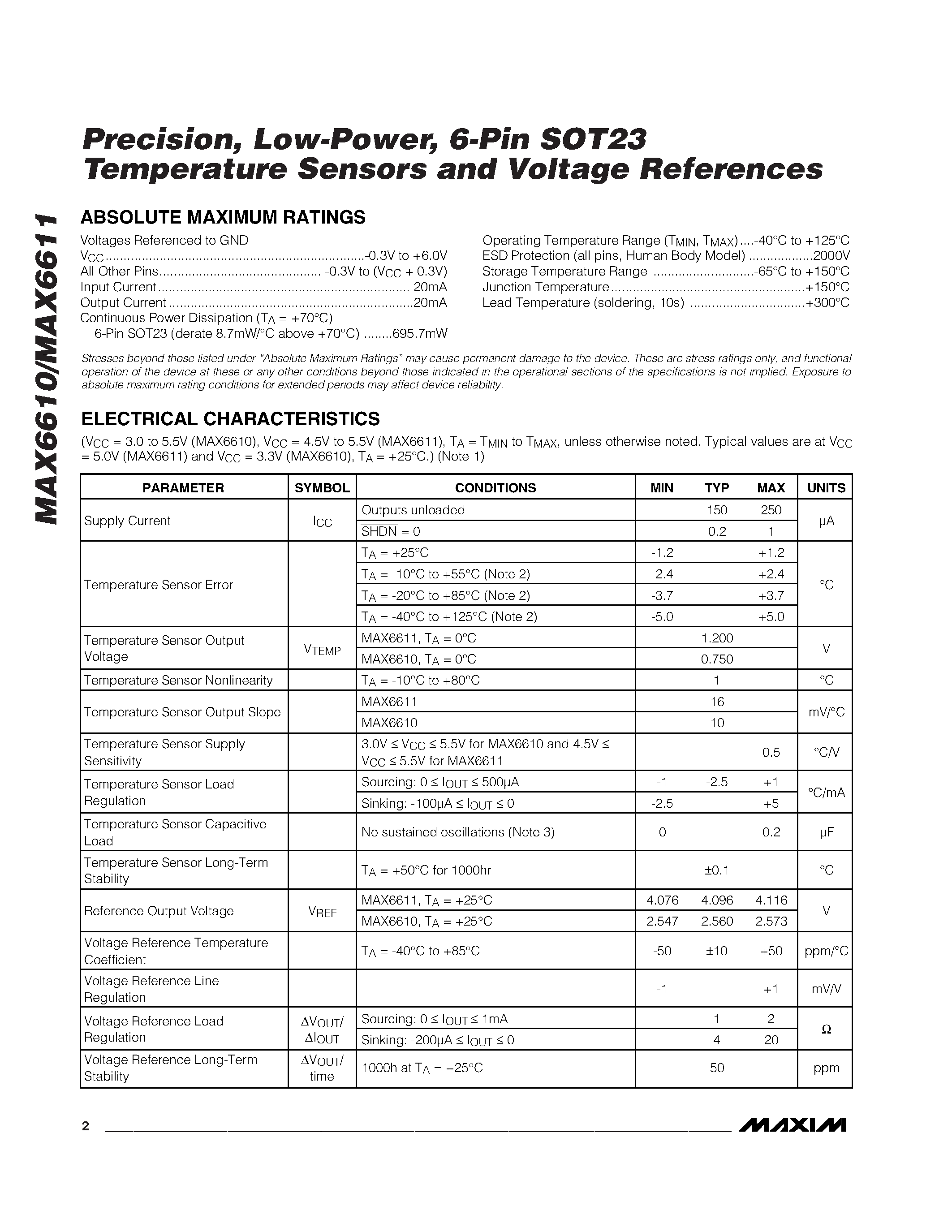 Datasheet MAX6611AUT-T - Precision / Low-Power / 6-Pin SOT23 Temperature Sensors and Voltage References page 2