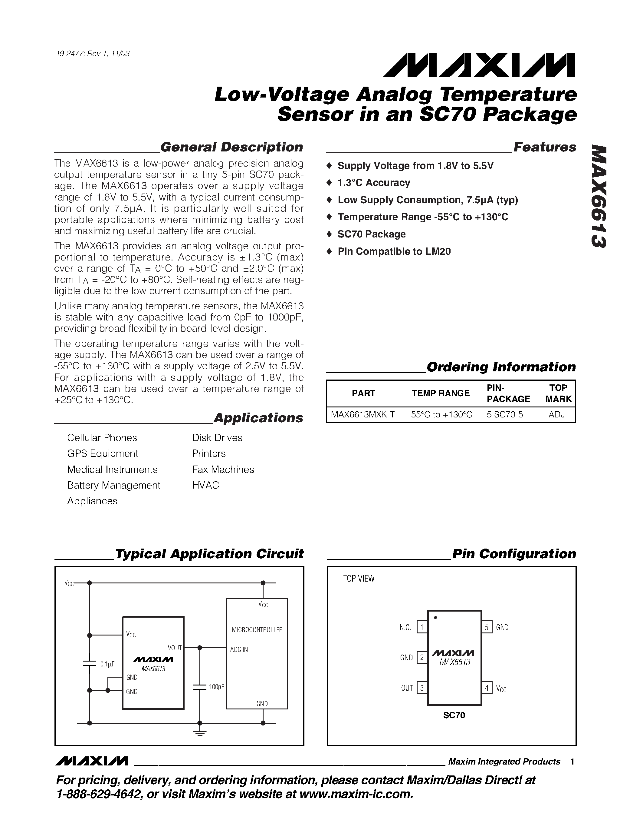 Datasheet MAX6613MXK-T - Low-Voltage Analog Temperature Sensor in an SC70 Package page 1