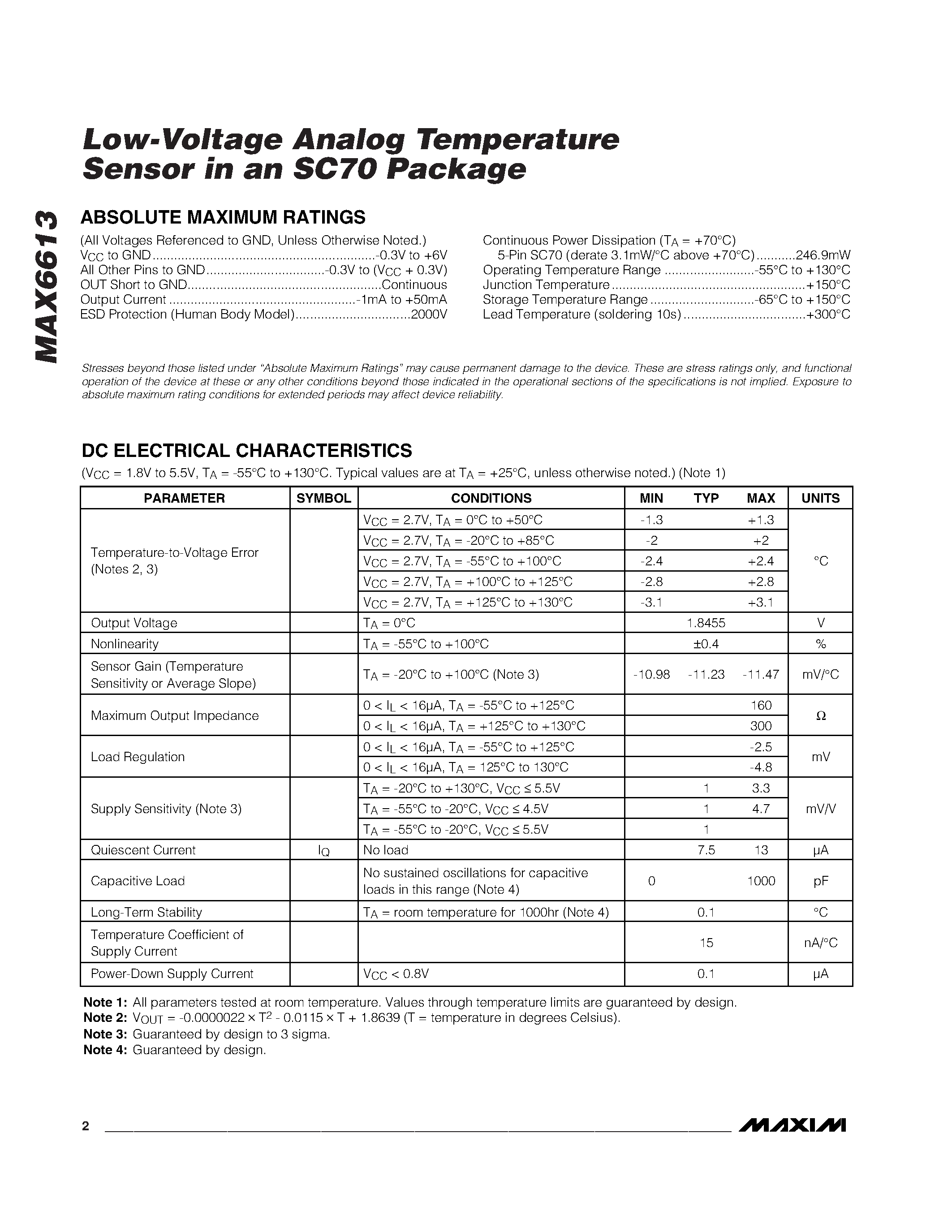 Datasheet MAX6613MXK-T - Low-Voltage Analog Temperature Sensor in an SC70 Package page 2