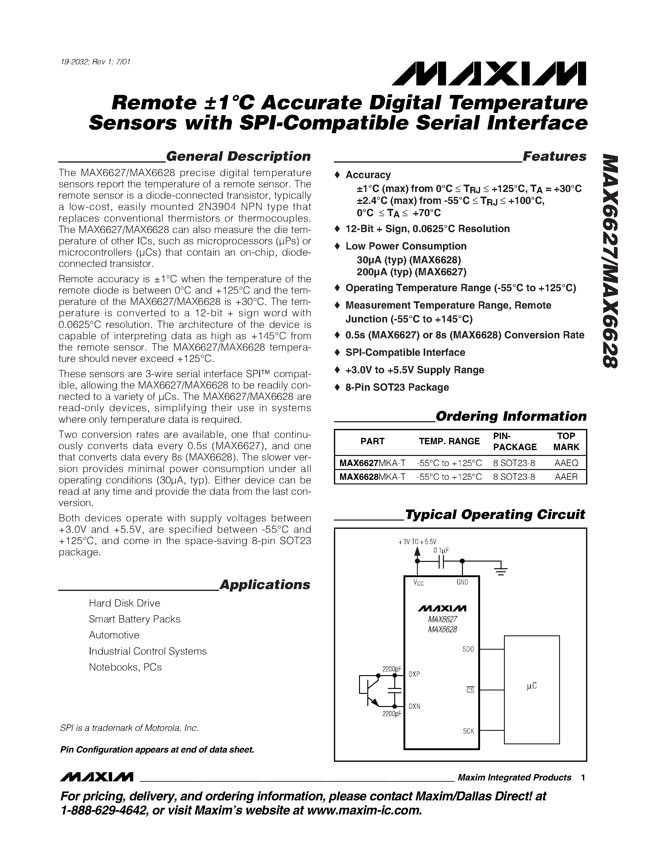 Datasheet MAX6627 - Remote 1C Accurate Digital Temperature Sensors with SPI-Compatible Serial Interface page 1