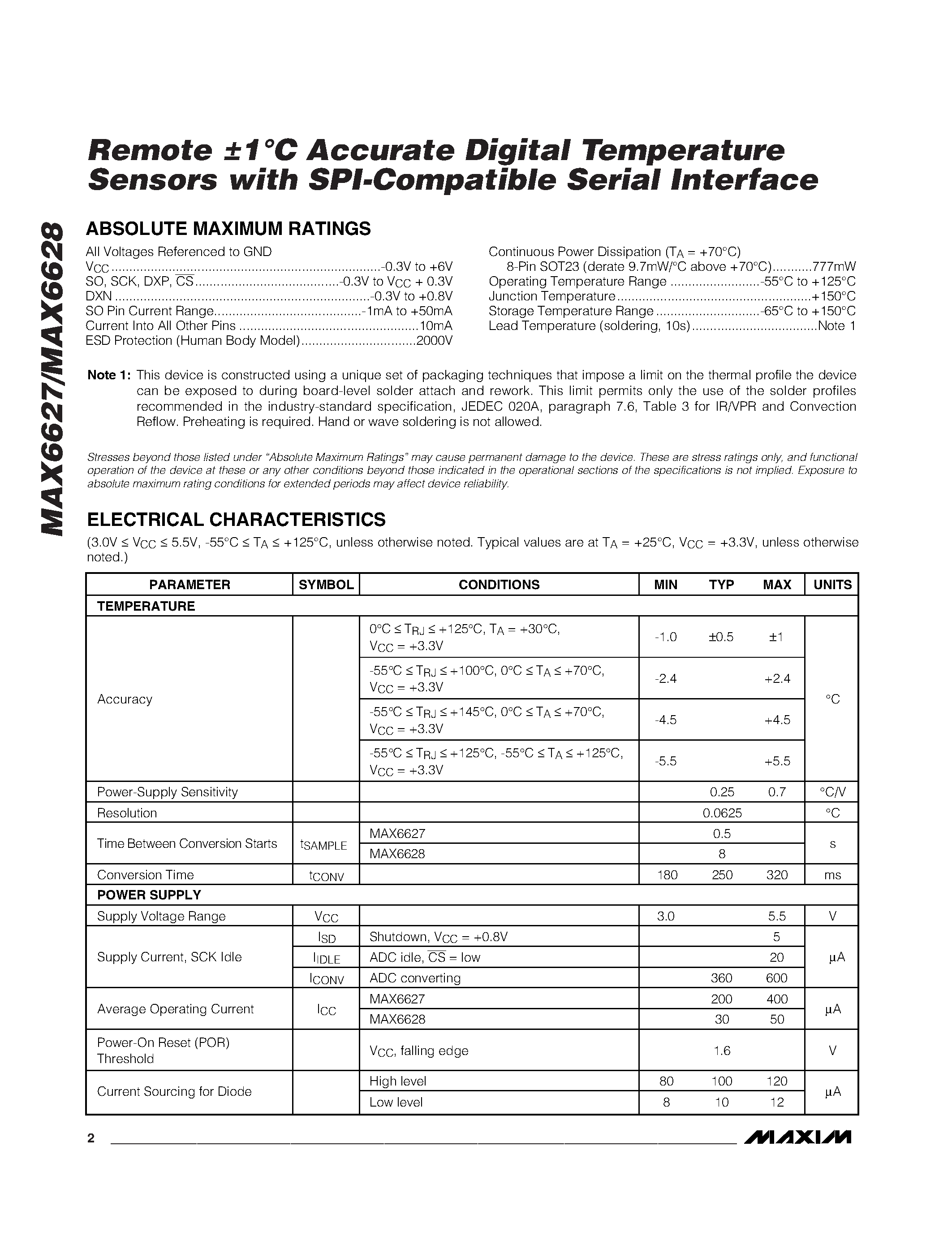 Datasheet MAX6627 - Remote 1C Accurate Digital Temperature Sensors with SPI-Compatible Serial Interface page 2