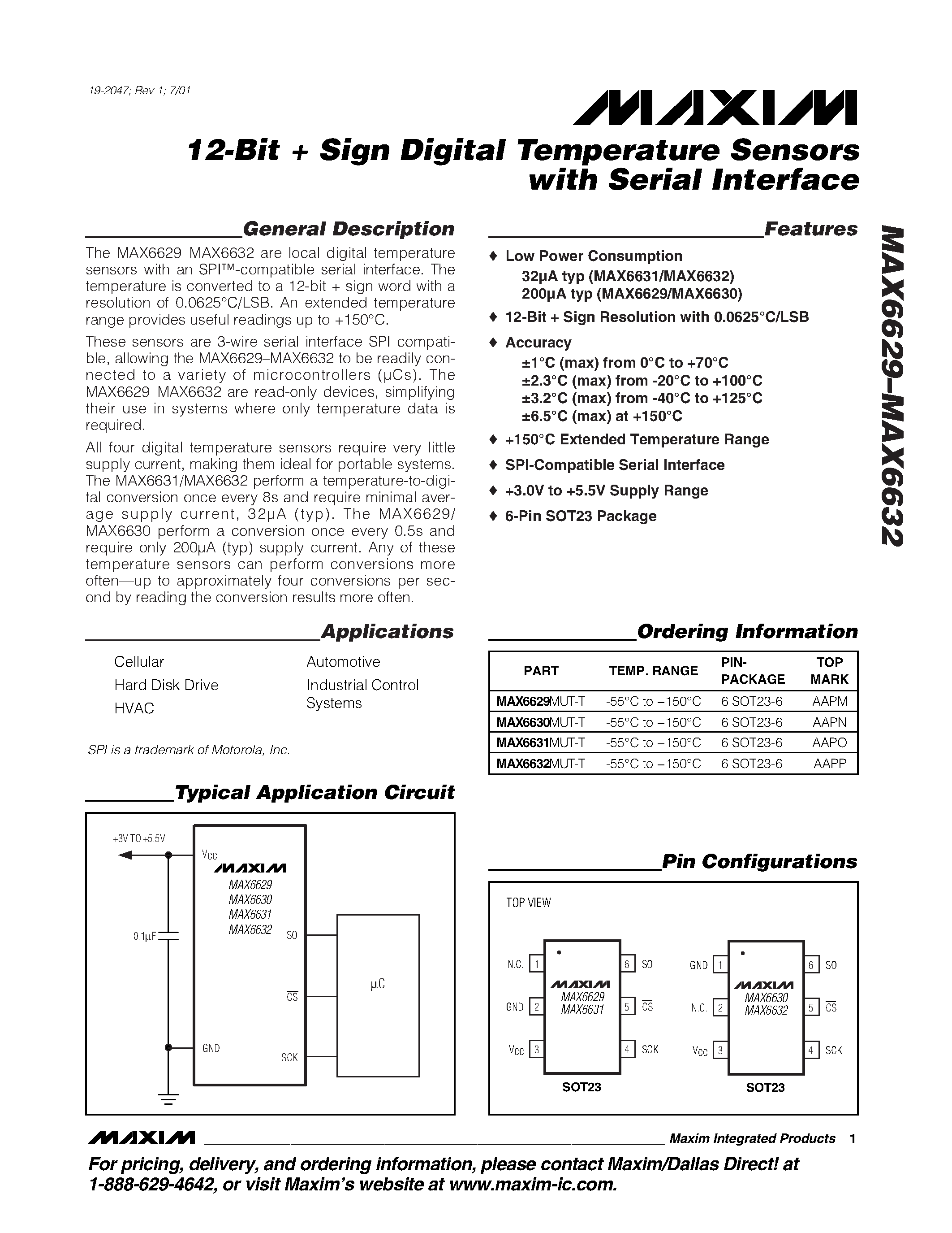 Даташит MAX6629MUT-T - 12-Bit Sign Digital Temperature Sensors with Serial Interface страница 1
