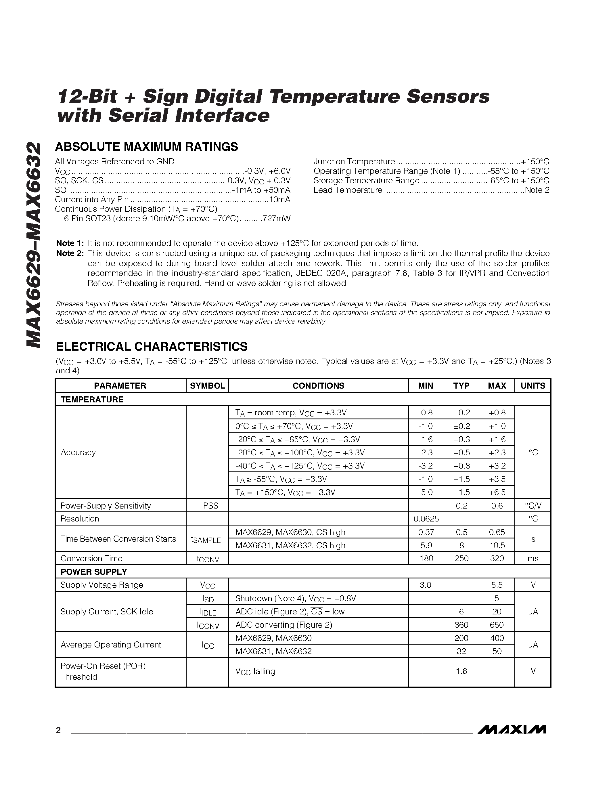 Даташит MAX6629MUT-T - 12-Bit Sign Digital Temperature Sensors with Serial Interface страница 2