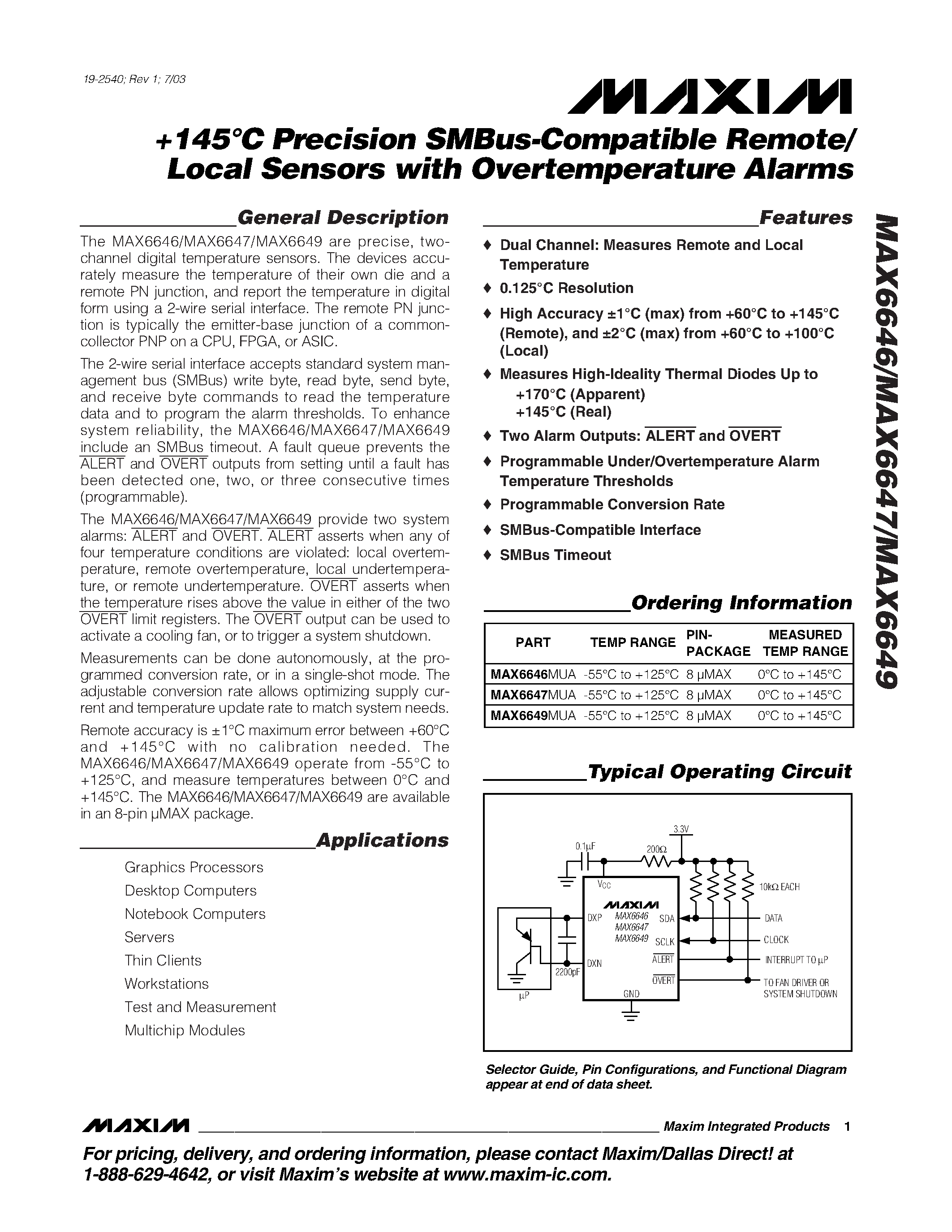 Даташит MAX6646MUA - +145C Precision SMBus-Compatible Remote/ Local Sensors with Overtemperature Alarms страница 1