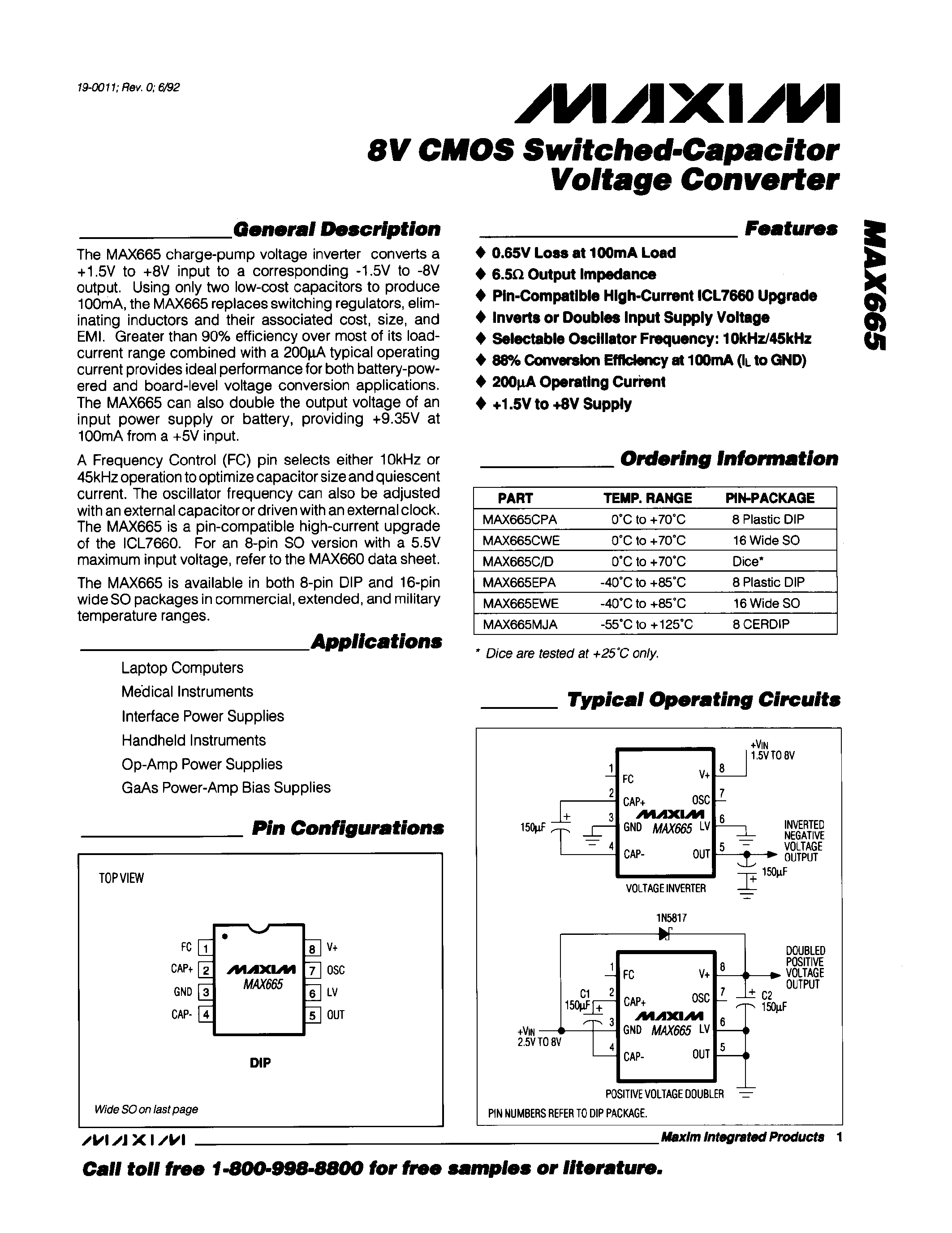 Datasheet MAX665 - 8V CMOS Switched-Capacitor Voltage Converter page 1